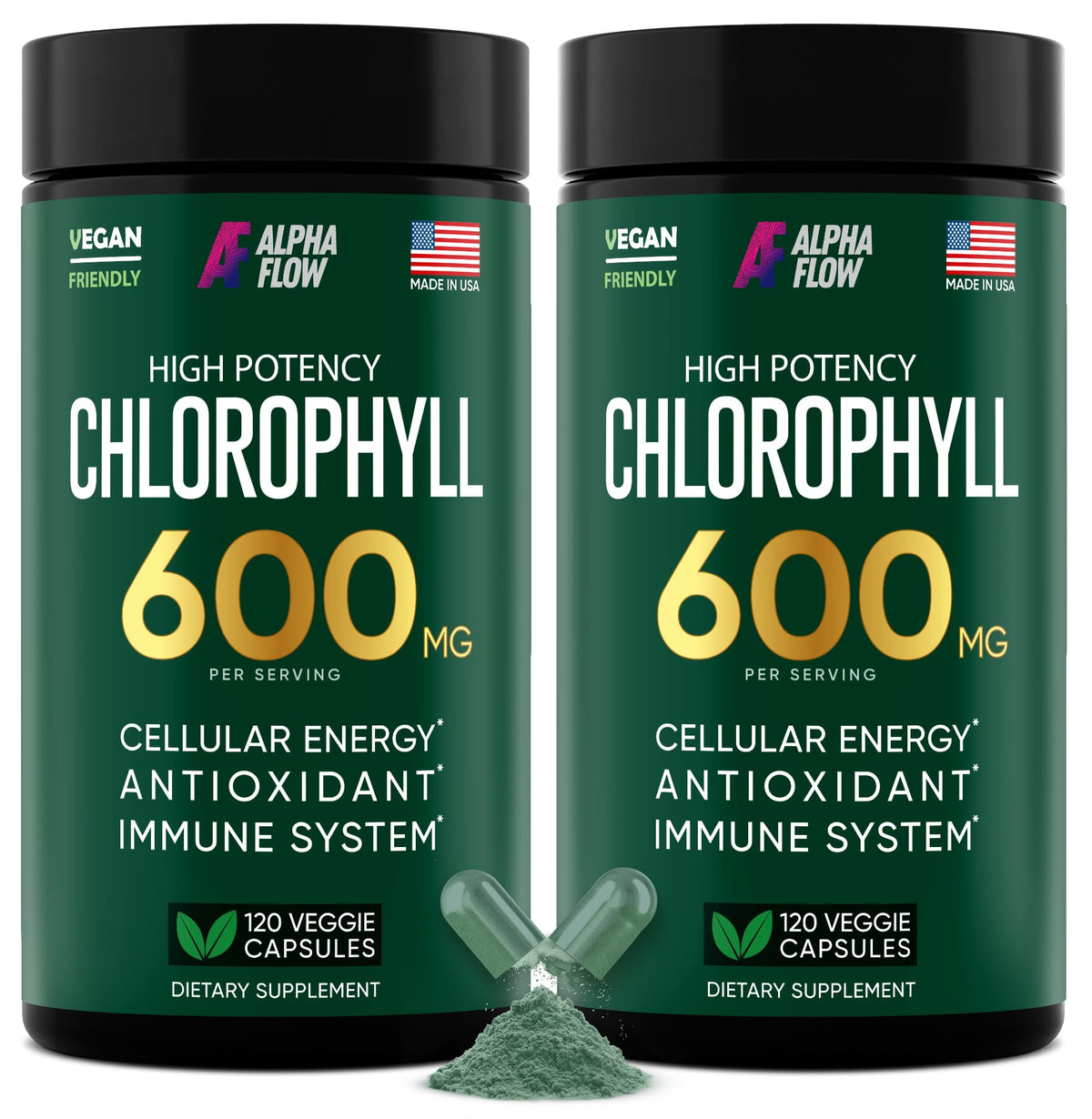 Alpha Flow 2-pack chlorophyll capsules bottle on white background