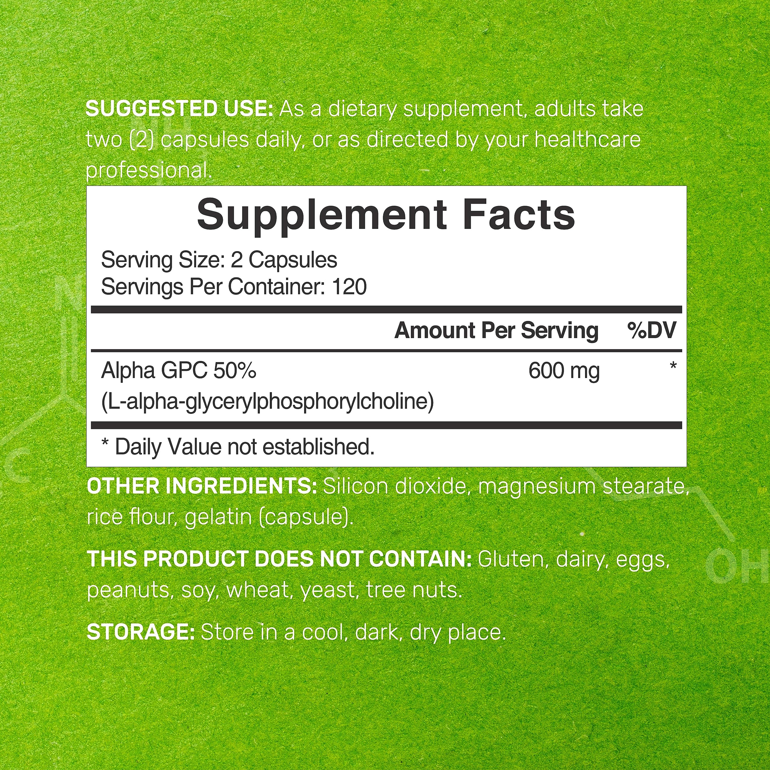 Close-up of Alpha GPC 600mg bottle showing 240 capsules