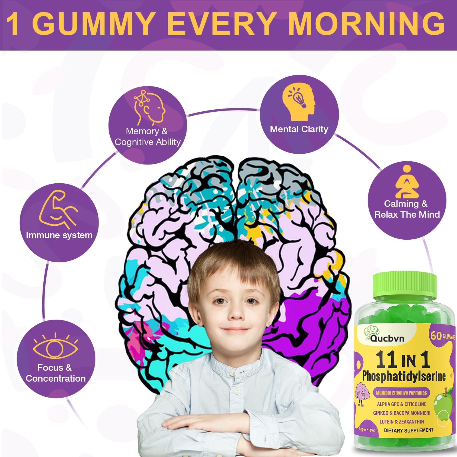 Illustration of 11-in-1 brain formula with Alpha GPC, Bacopa, B vitamins