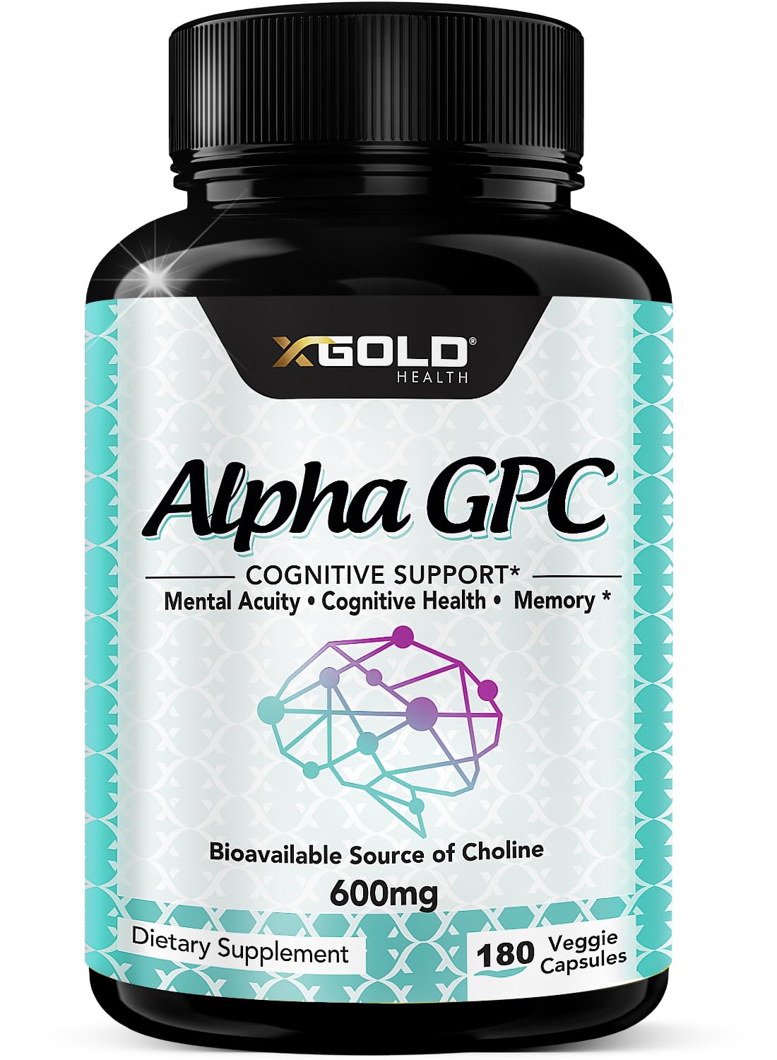 Alpha GPC Choline 600mg bottle with 180 vegan capsules