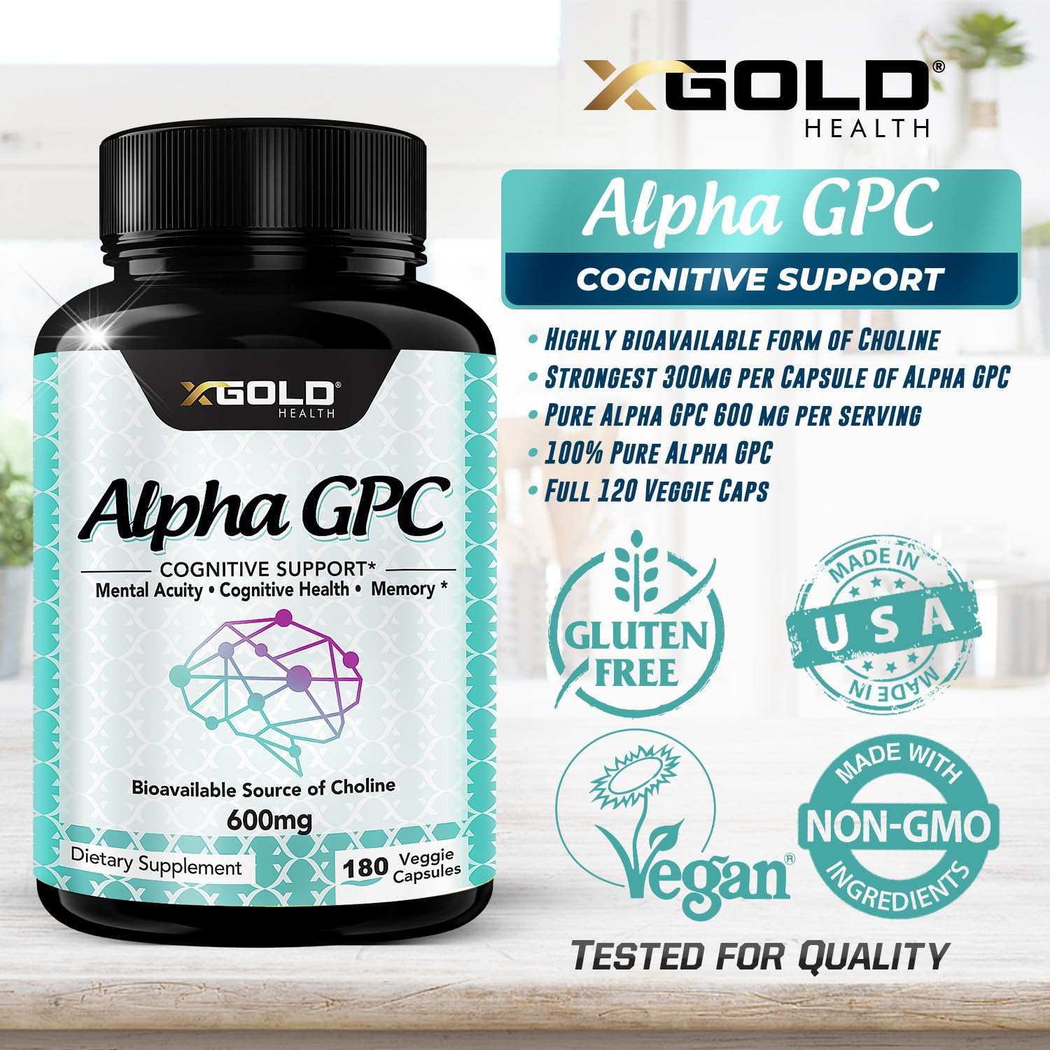 Brain health nootropic supplement featuring Alpha GPC 600mg