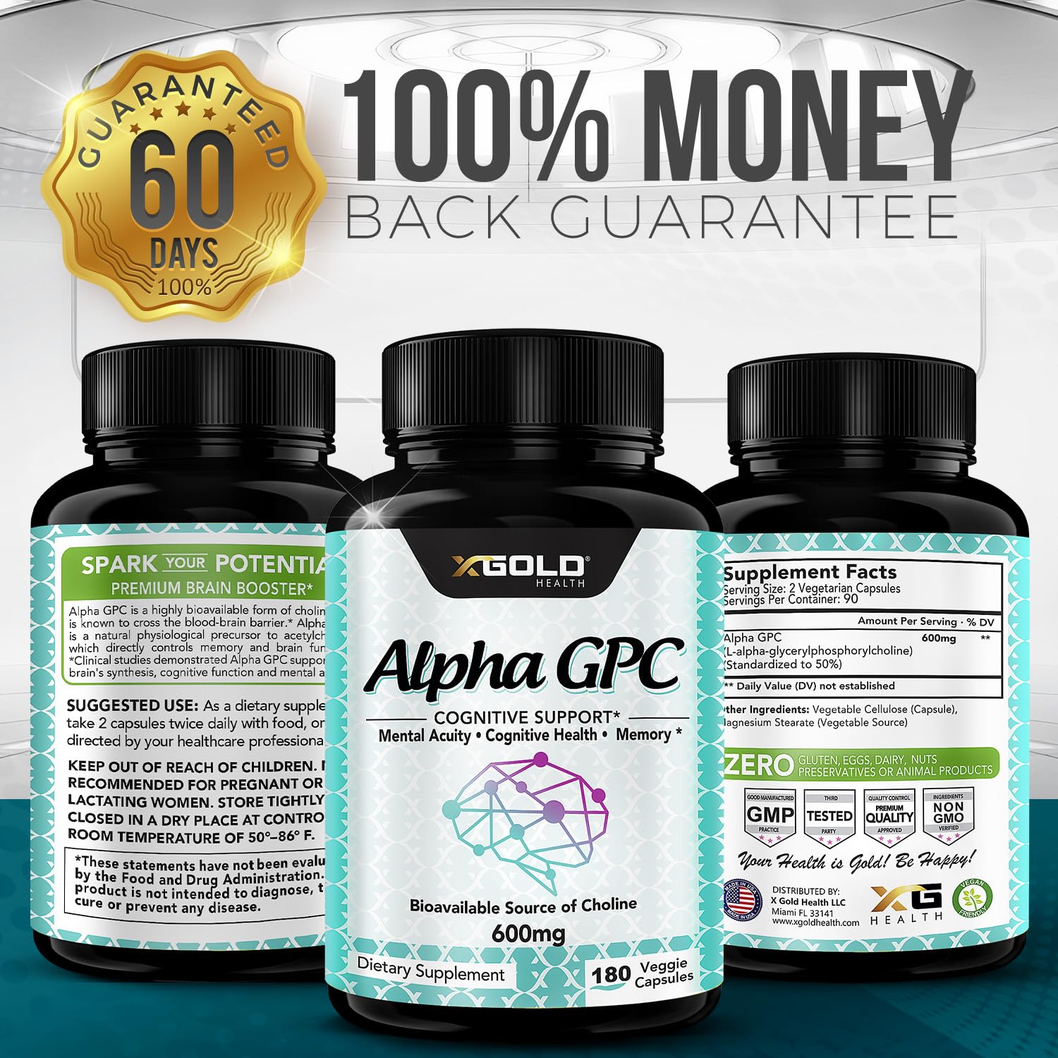 Made in USA label on Alpha GPC Choline supplement bottle