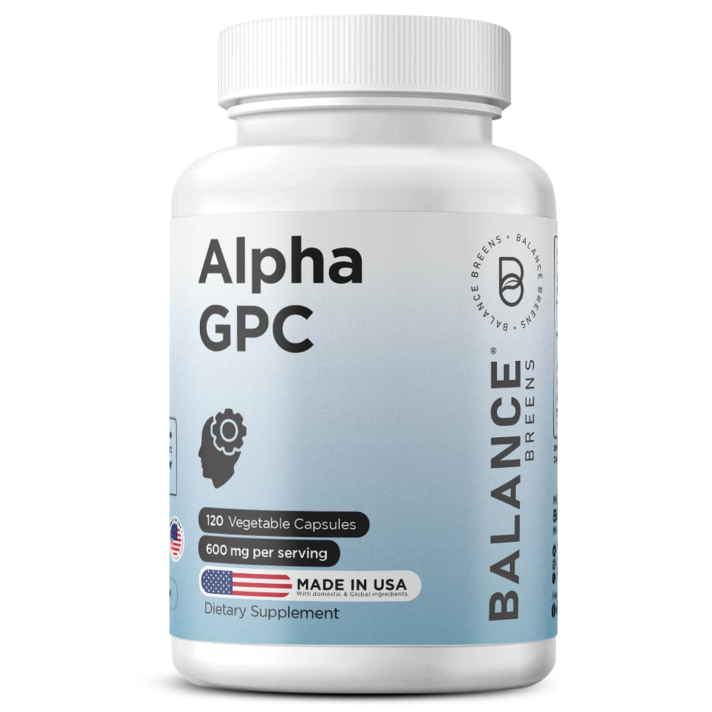 Front view of Alpha GPC Choline supplement bottle with 120 vegan capsules