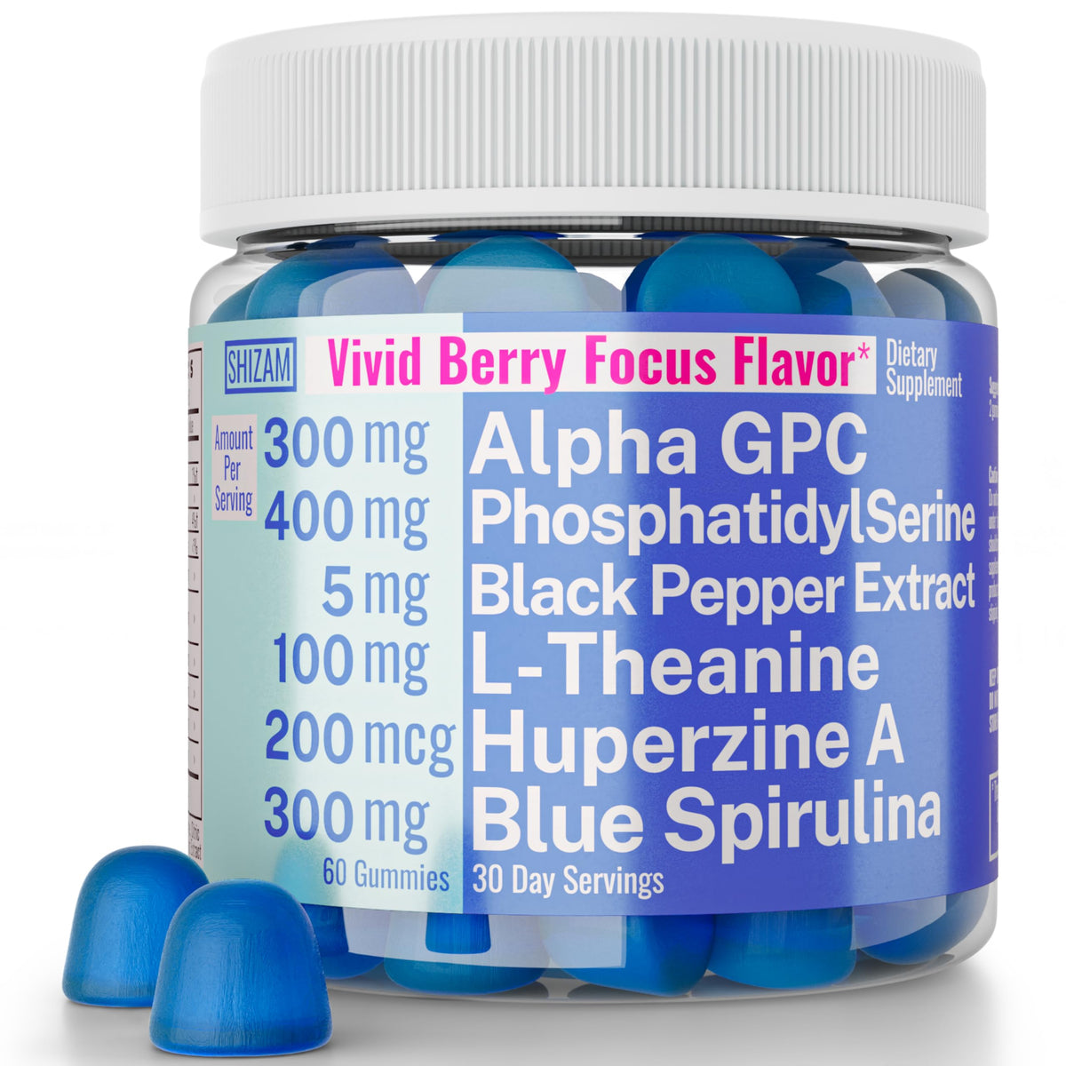 Bottle label for Alpha GPC Huperzine A Phosphatidylserine L-Theanine Blue Spirulina Gummies