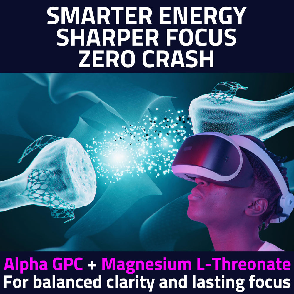 Ingredient panel highlighting Alpha GPC, Theacrine, L-Theanine, Magnesium Glycinate and L-Threonate