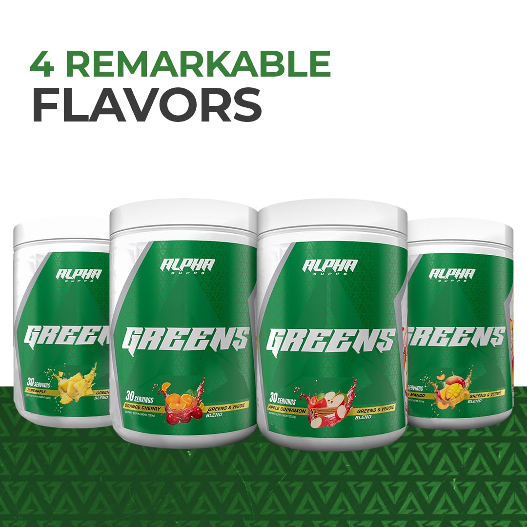 Assorted Alpha Greens flavors: Apple Cinnamon, Orange Cherry, Pineapple, Peach Mango