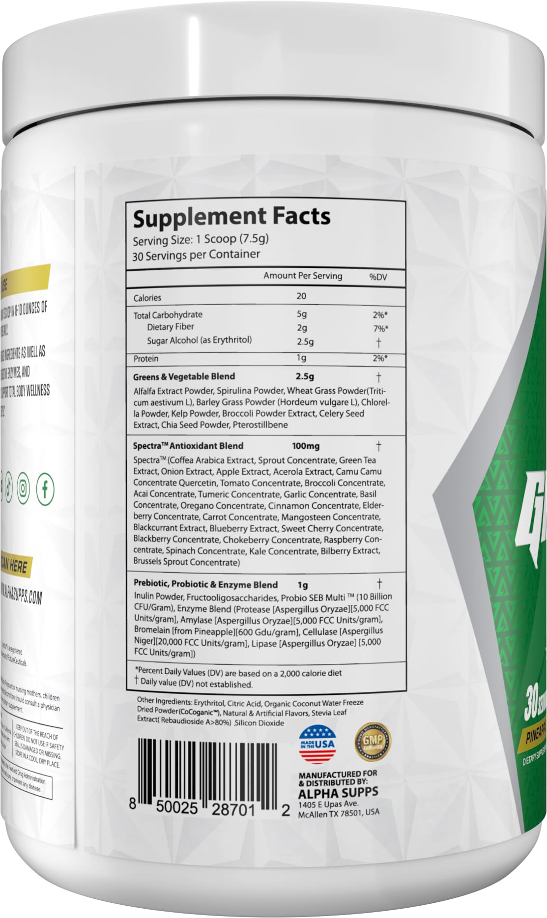 Alpha Greens Pineapple flavor label close-up