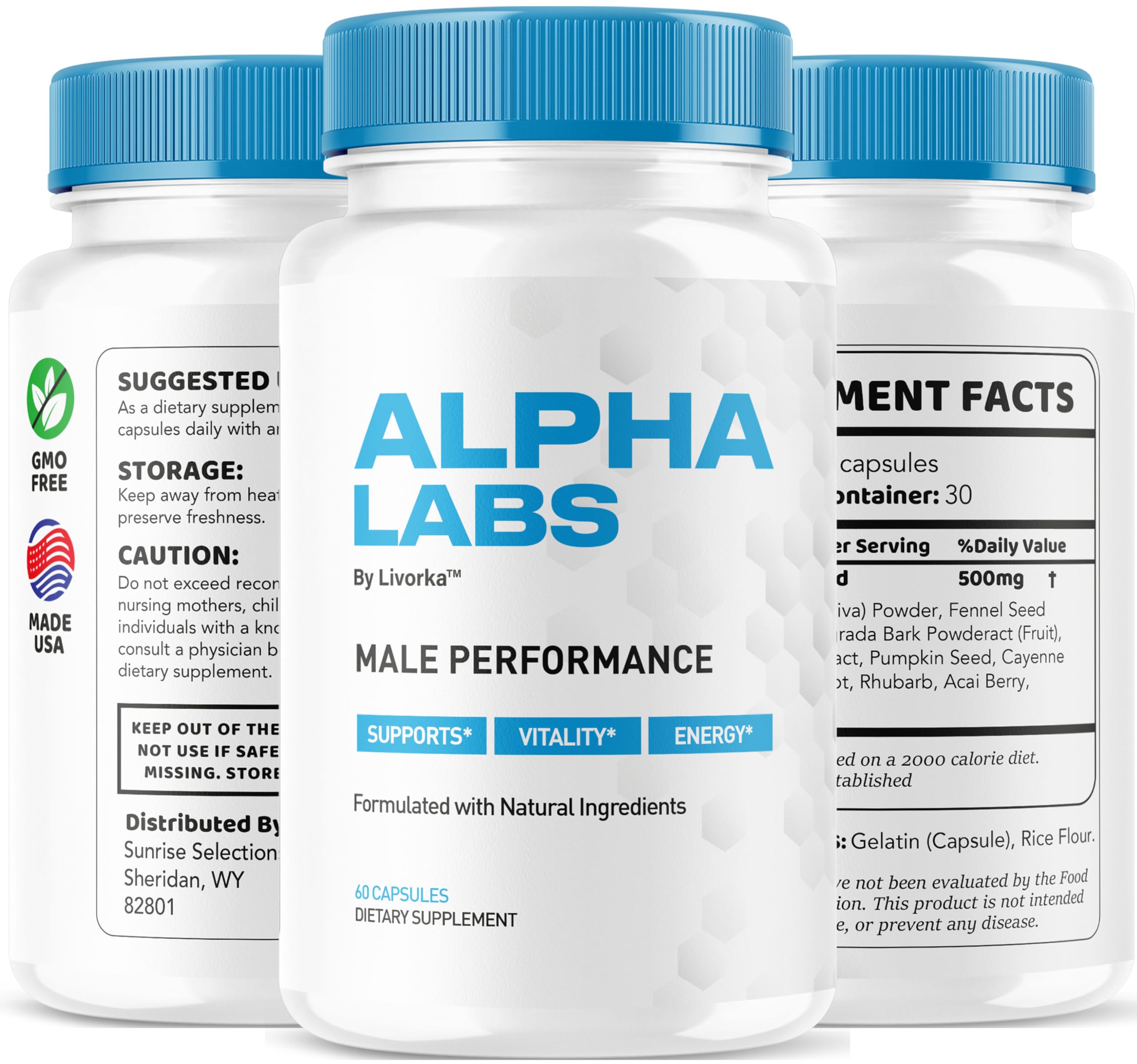 Packaging showing Alpha Labs capsules bottle