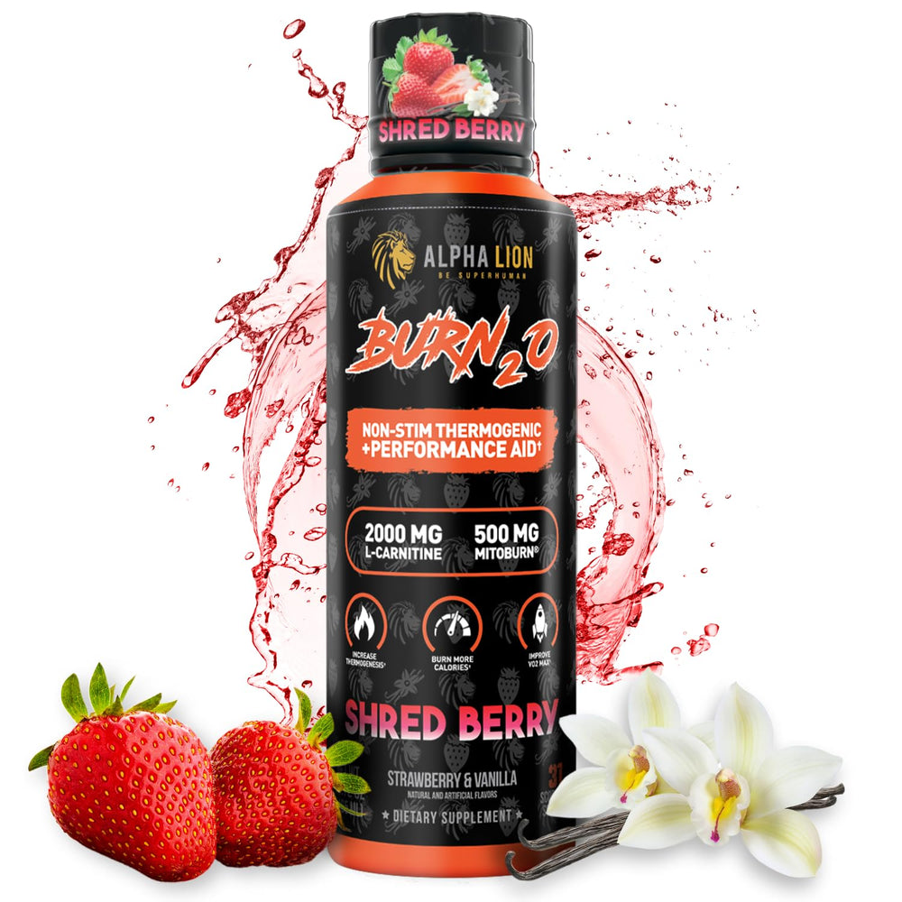 ALPHA LION Burn2O L-Carnitine bottle pouring shows caffeine-free energy support.