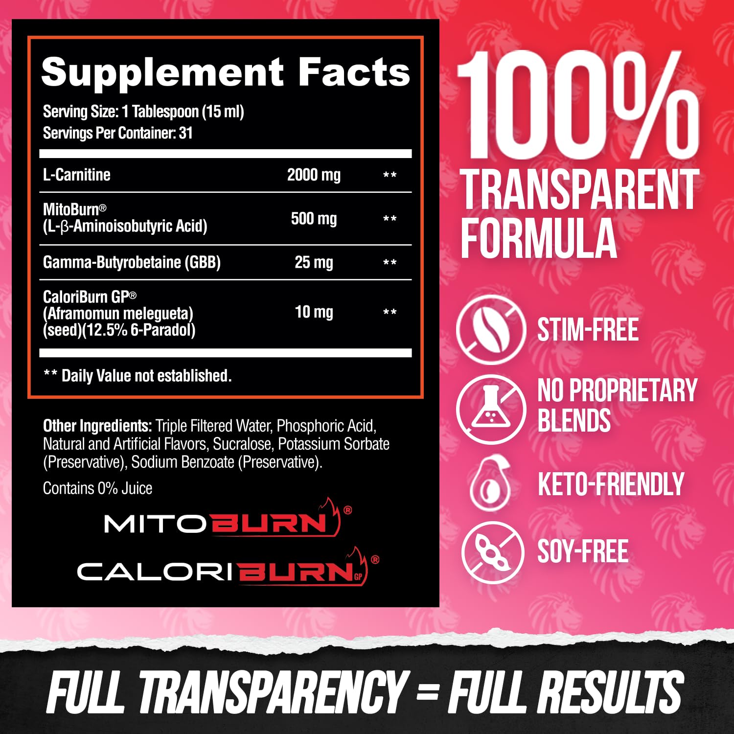 ALPHA LION Burn2O L-Carnitine vegan symbol on bottle highlights plant-based option.