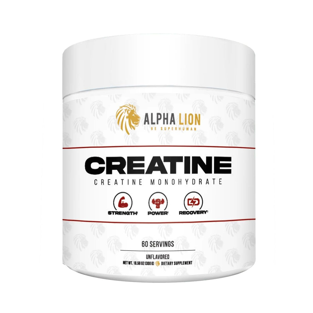 ALPHA LION Creatine Monohydrate Powder tub showing 60 servings