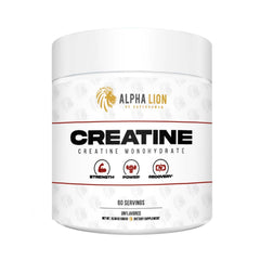 ALPHA LION Creatine Monohydrate Powder tub showing 60 servings