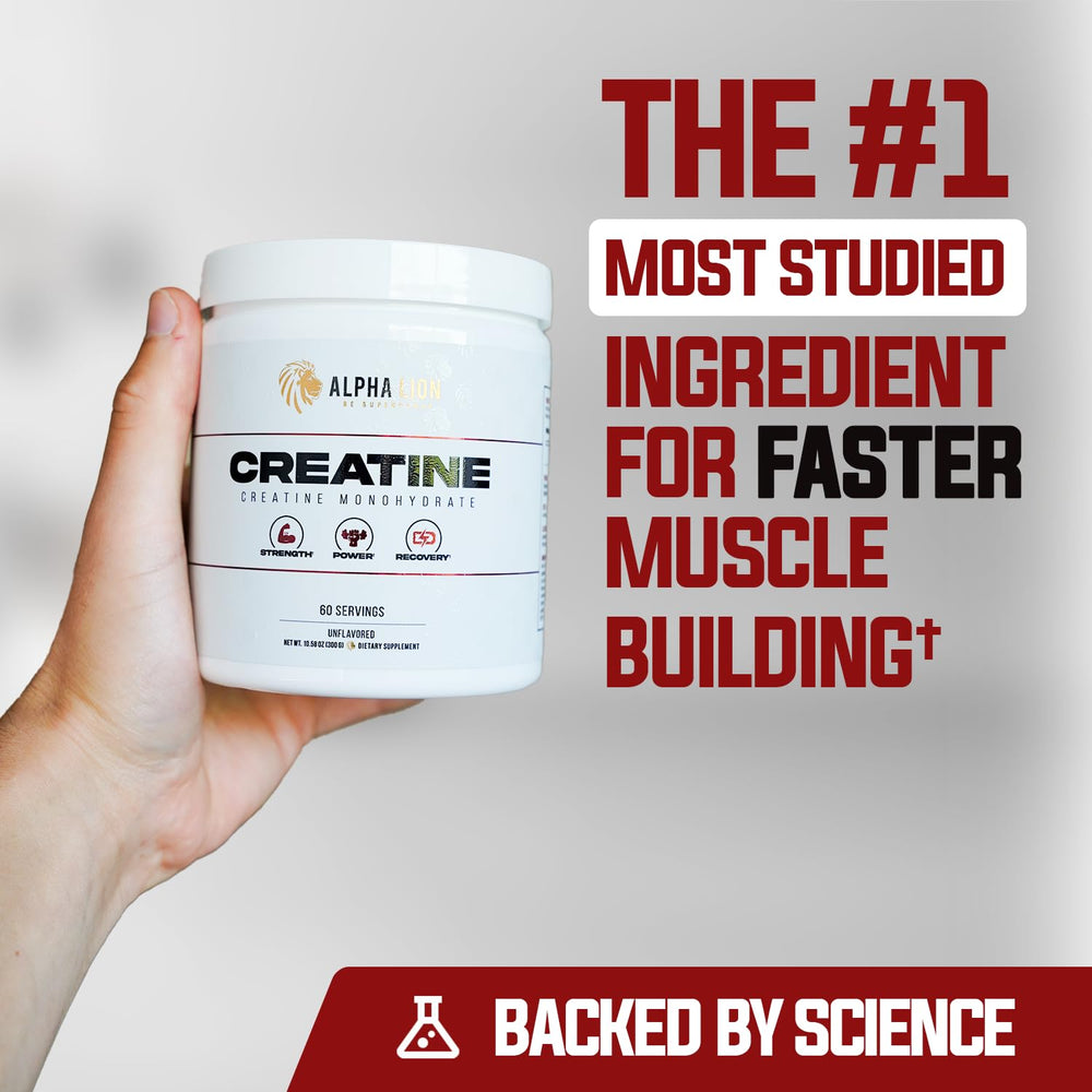 Unflavored creatine monohydrate powder tub close-up