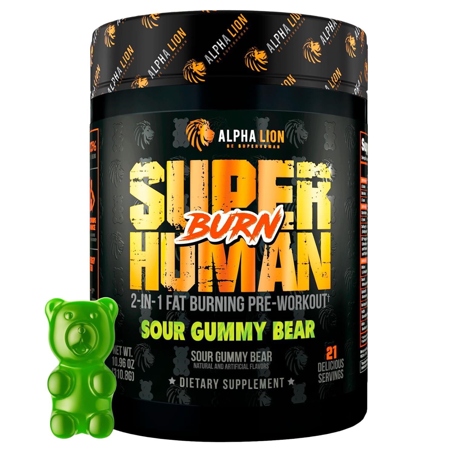Sour Gummy Bear flavor front label of ALPHA LION Superhuman Burn