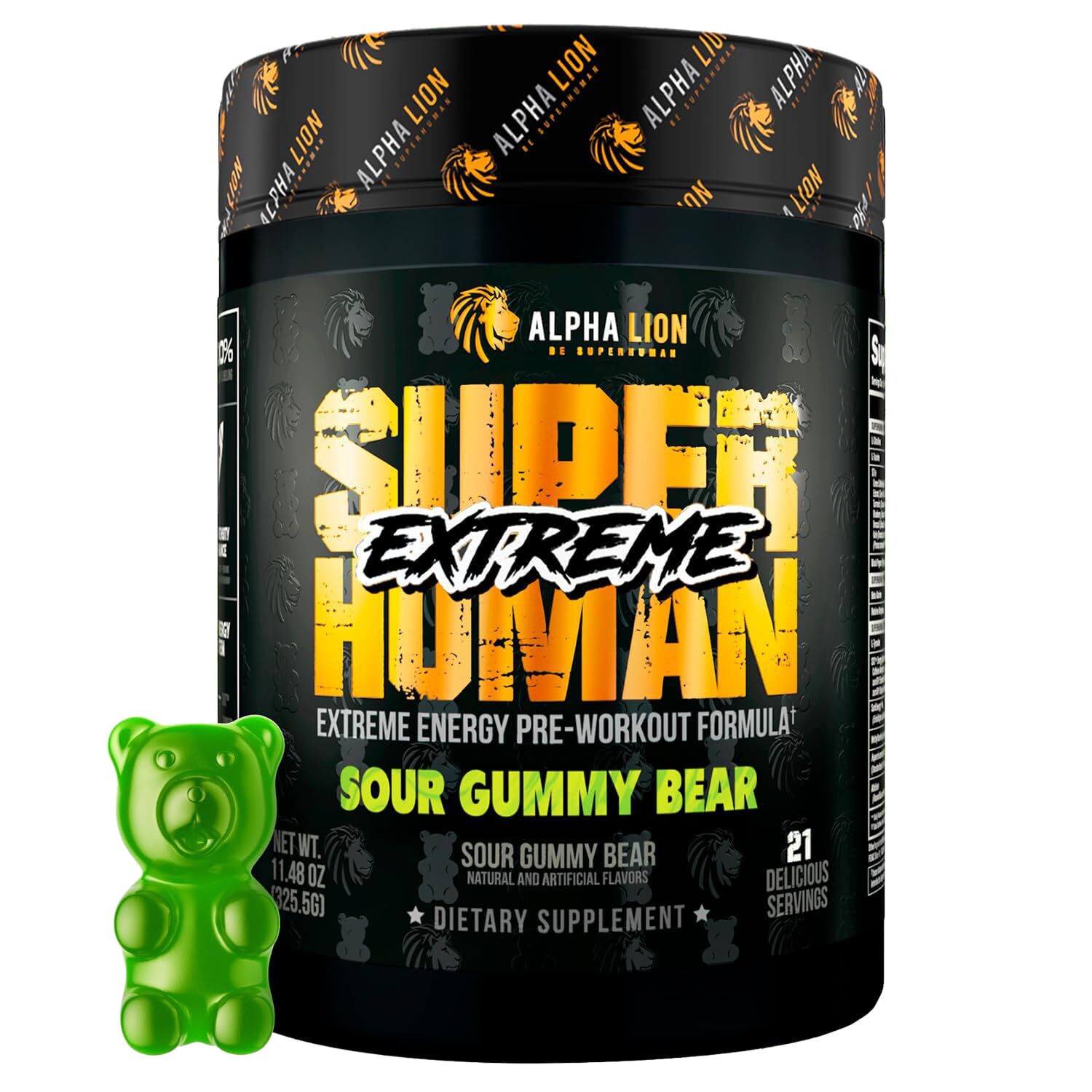 Front view of ALPHA LION Superhuman Extreme Sour Gummy Bear pre-workout powder
