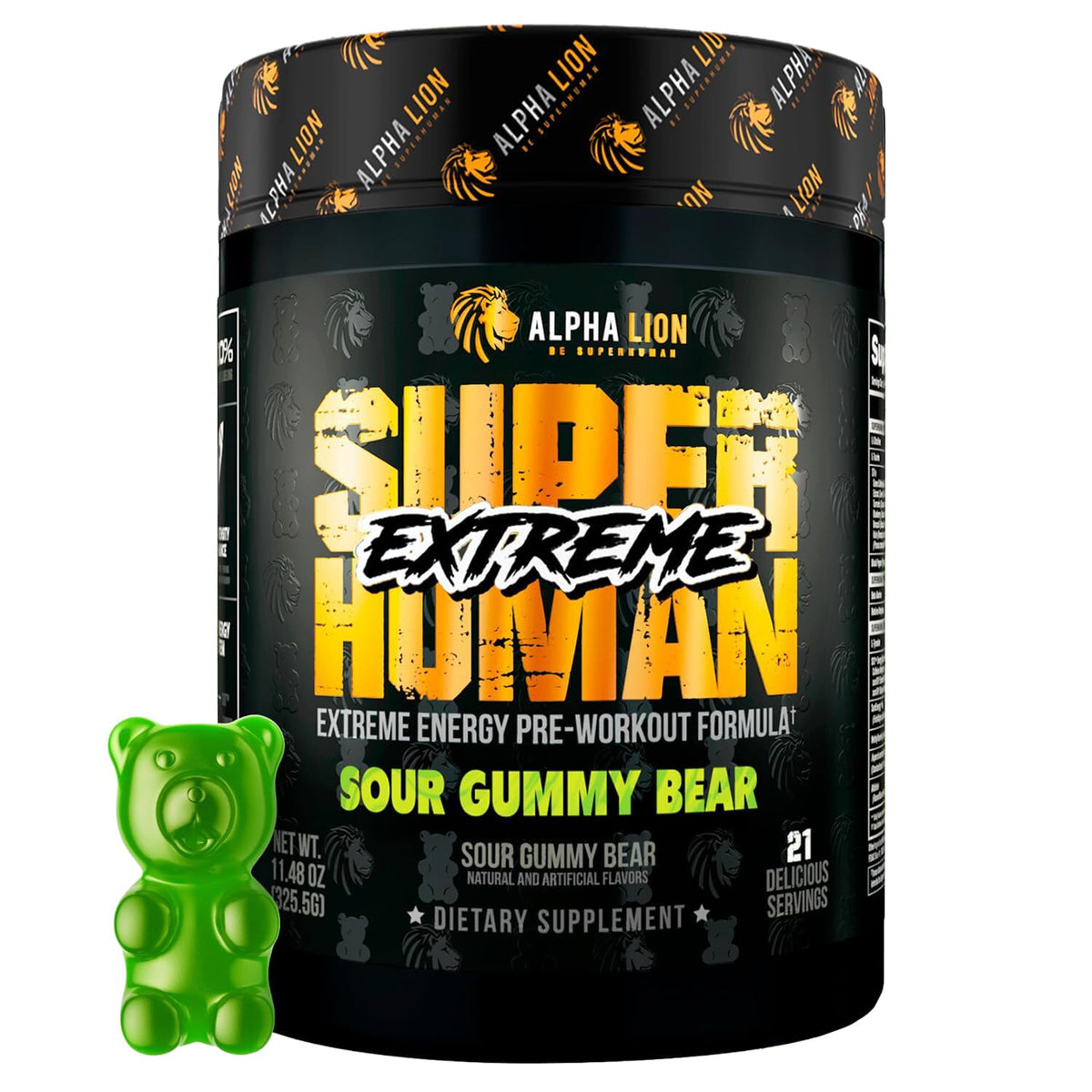 Front view of ALPHA LION Superhuman Extreme Sour Gummy Bear pre-workout powder