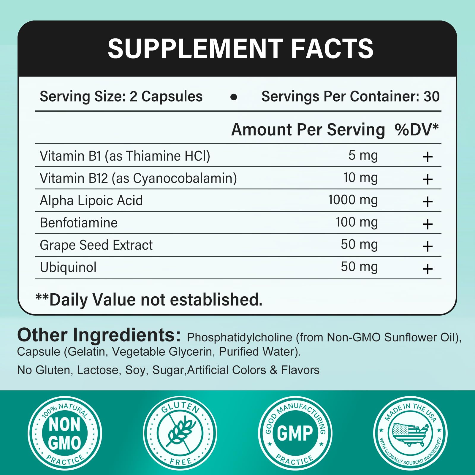 Product bottle back with supplement facts and ingredients