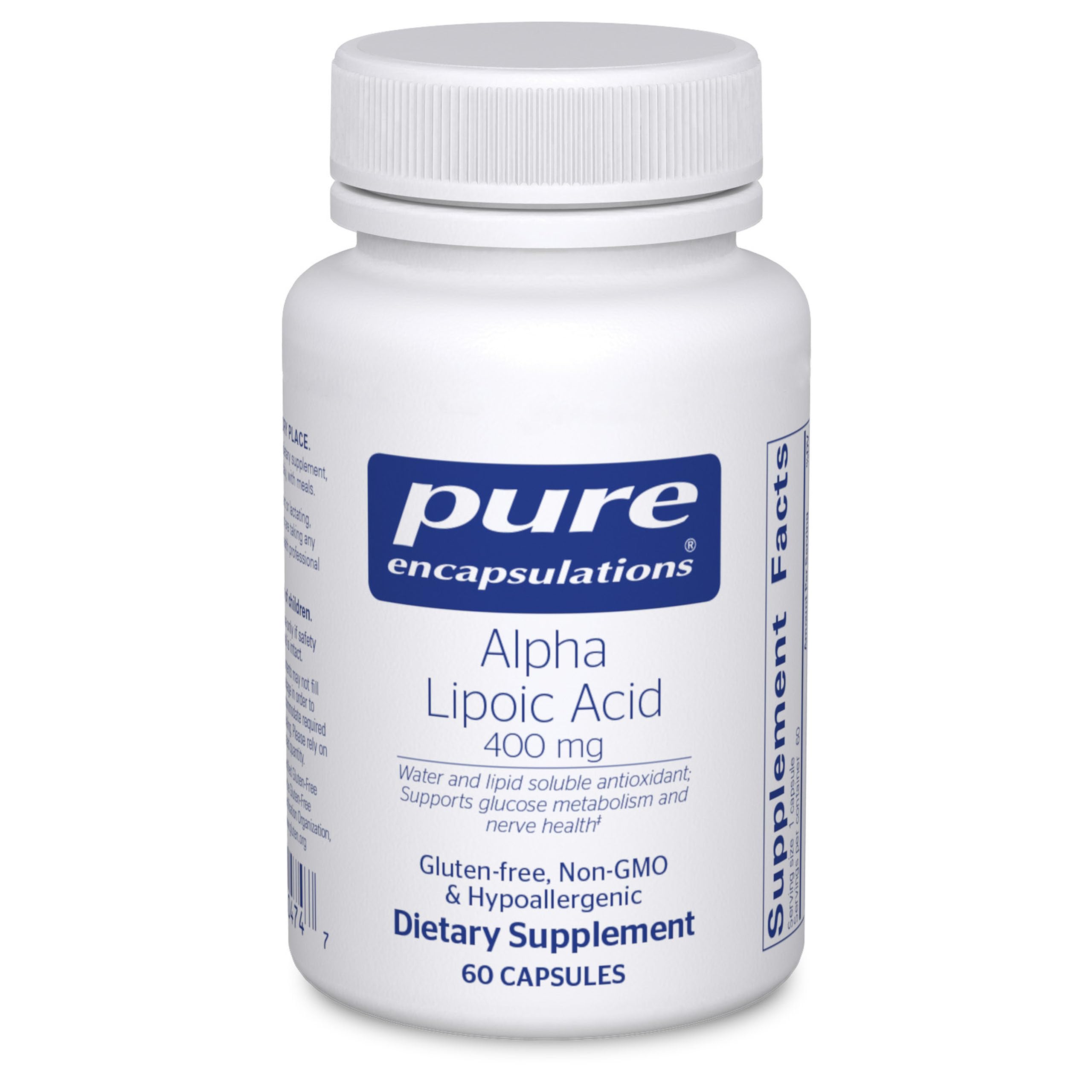 Front of Pure Encapsulations Alpha Lipoic Acid 400 mg bottle