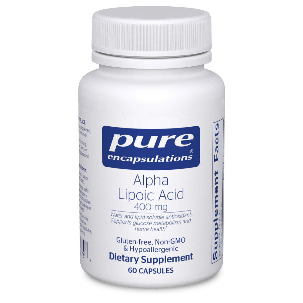 Front of Pure Encapsulations Alpha Lipoic Acid 400 mg bottle