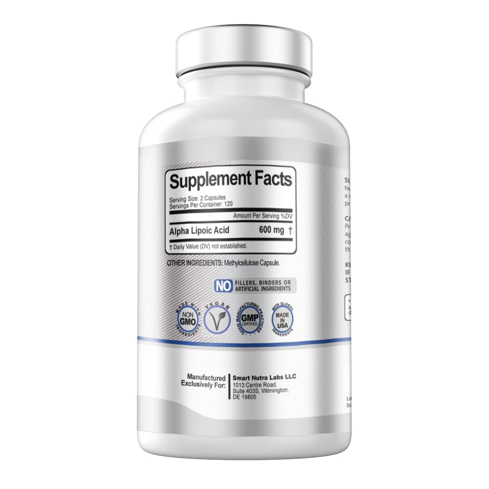 Supplement facts panel for Alpha Lipoic Acid 600mg