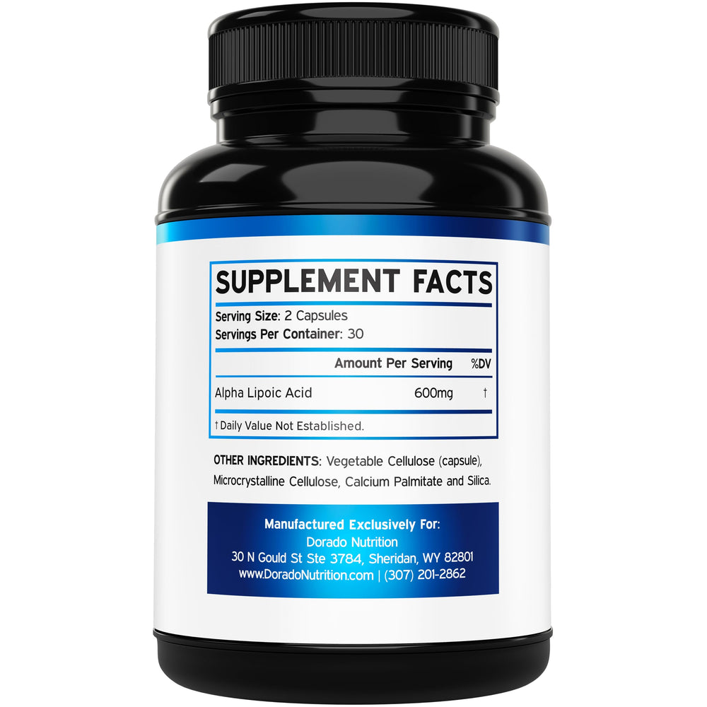 Close-up of Alpha Lipoic Acid 600mg capsules in bottle