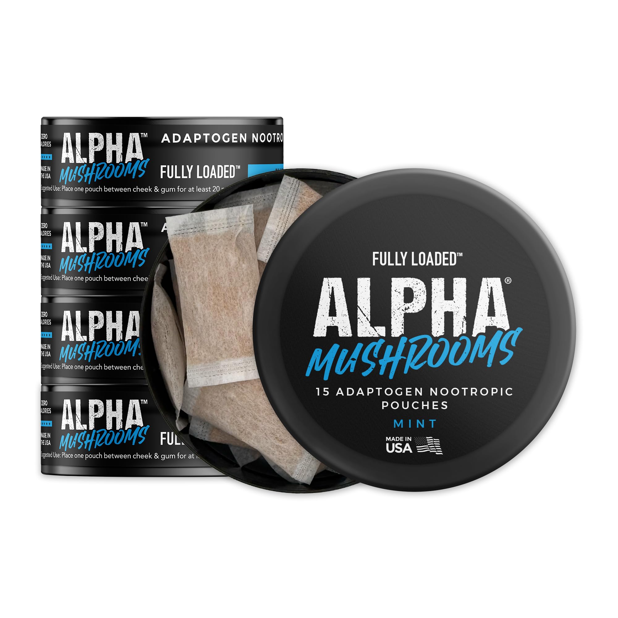 Front view of Fully Loaded Alpha Mushrooms mint adaptogen pouches 5-pack