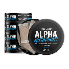 Front view of Fully Loaded Alpha Mushrooms mint adaptogen pouches 5-pack