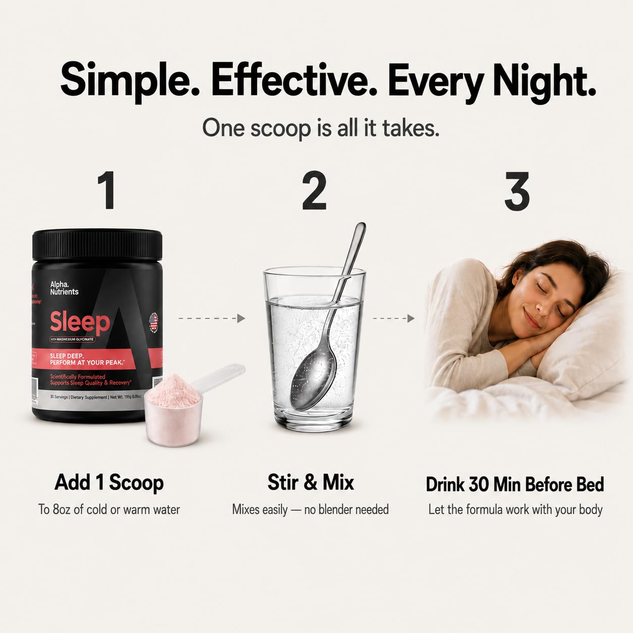 Alpha Nutrients blended sleep drink in glass for quick bedtime use