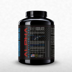 Close-up of Alpha Nutrition Labs Chocolate Whey Isolate powder being poured