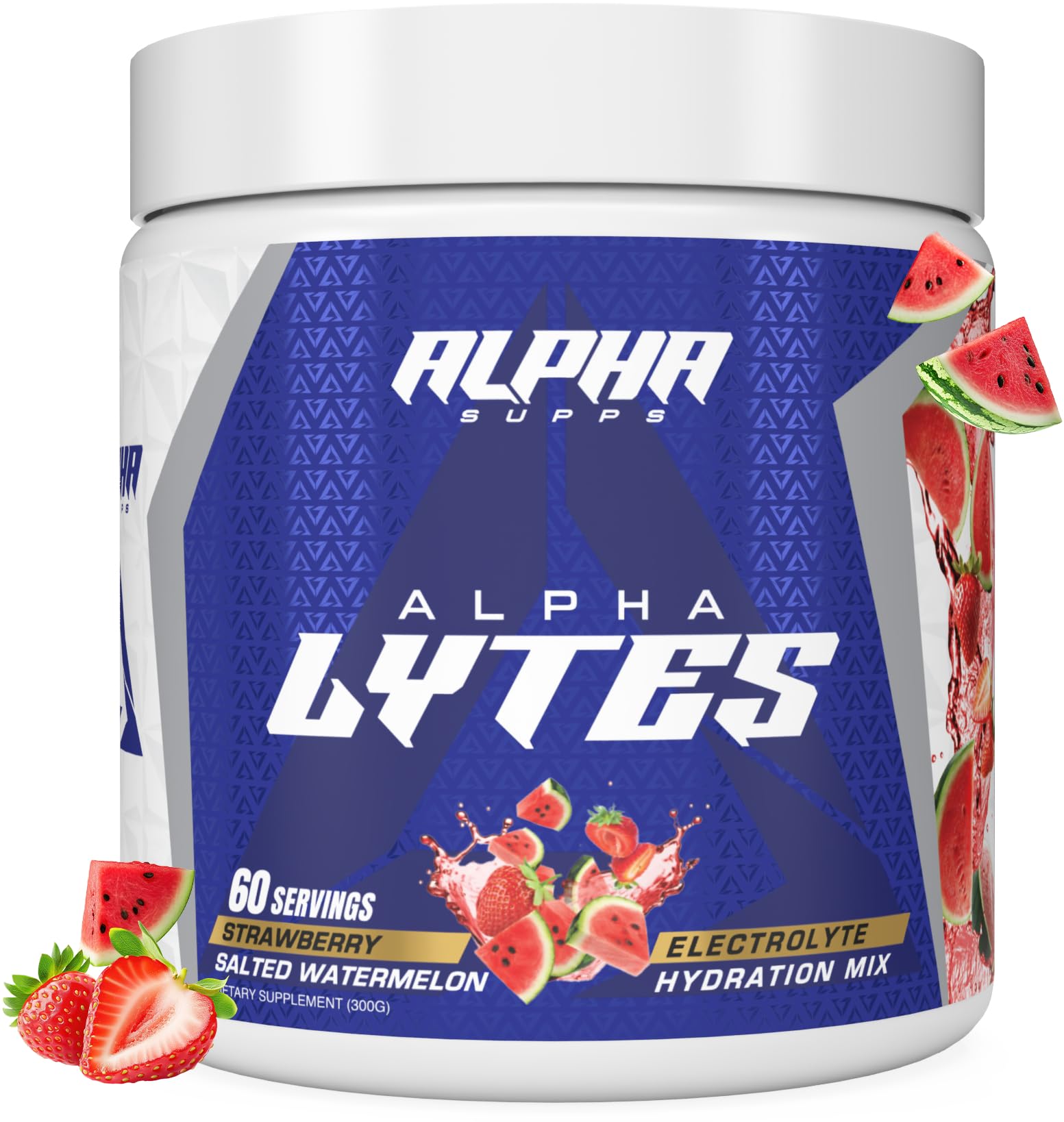 Alpha Supps Alpha Lytes tub front shows sugar-free hydration for daily electrolyte balance.