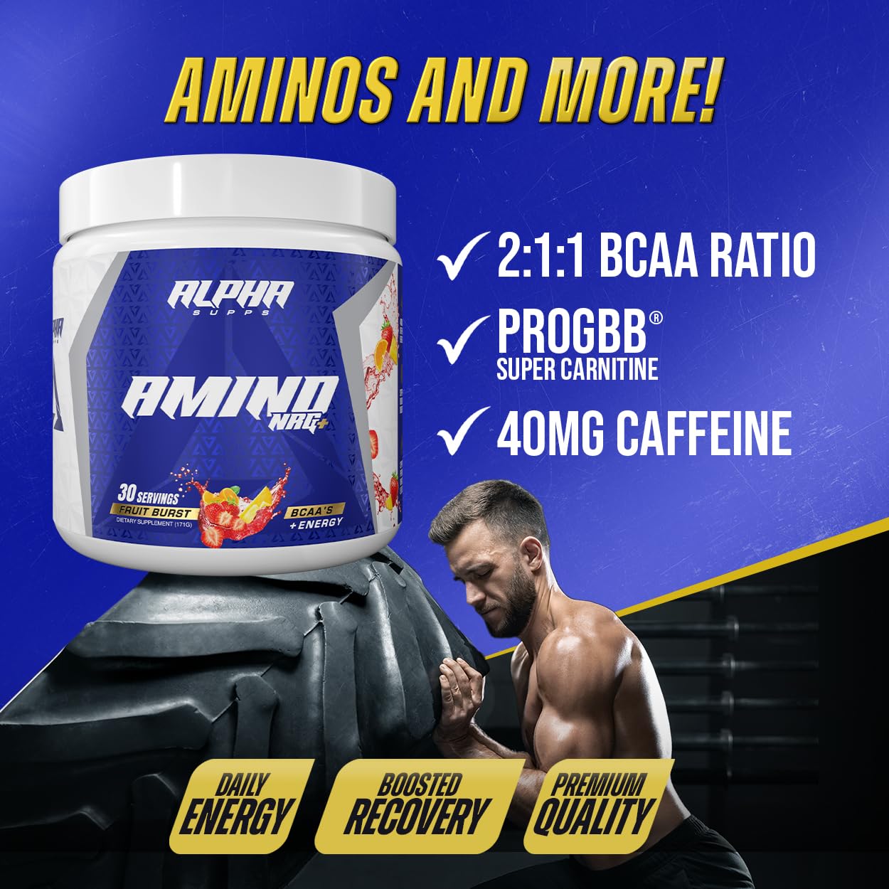 Amino NRG+ BCAA container with scoop and label