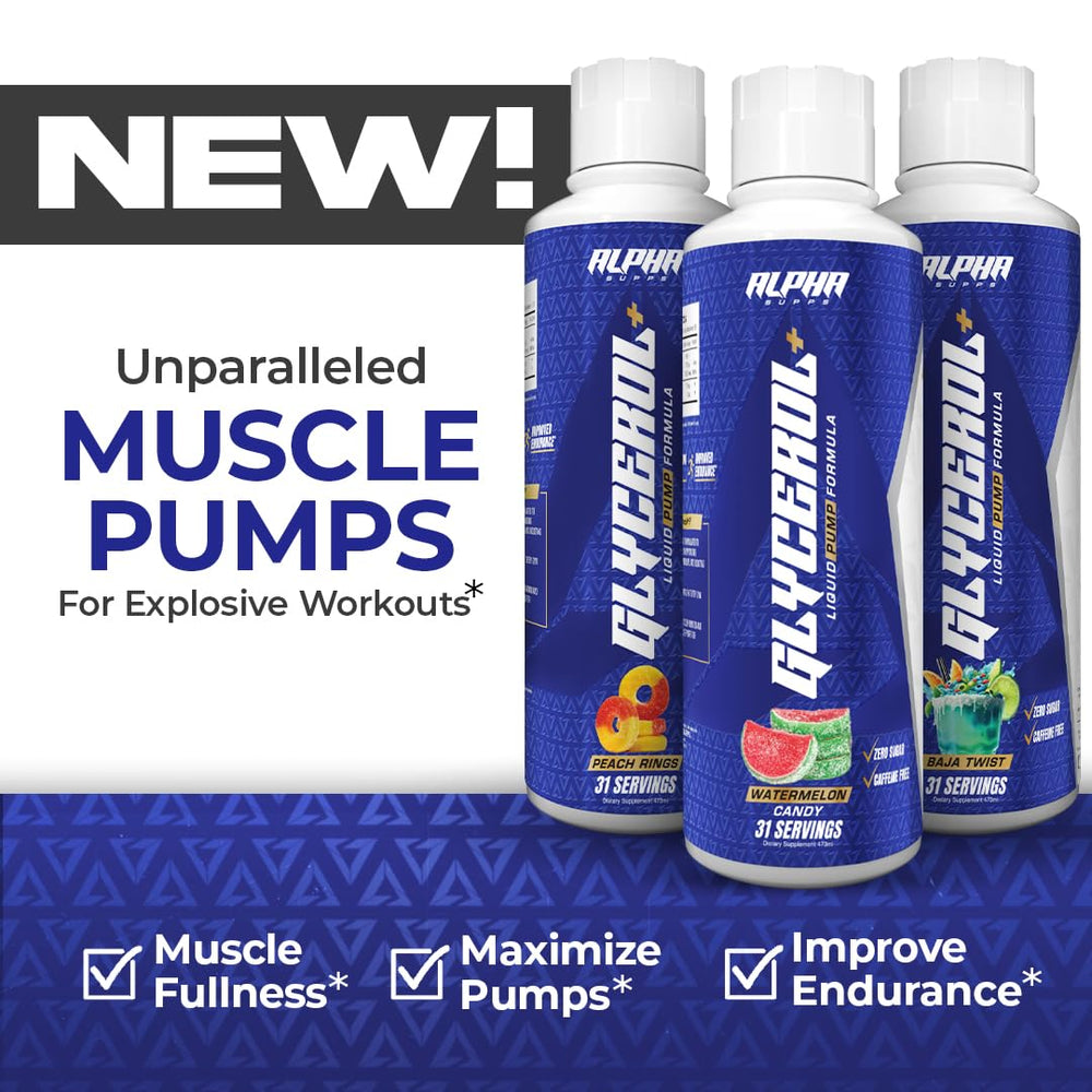 Alpha Supps Glycerol+ glass with liquid emphasizes muscle fullness and hydration