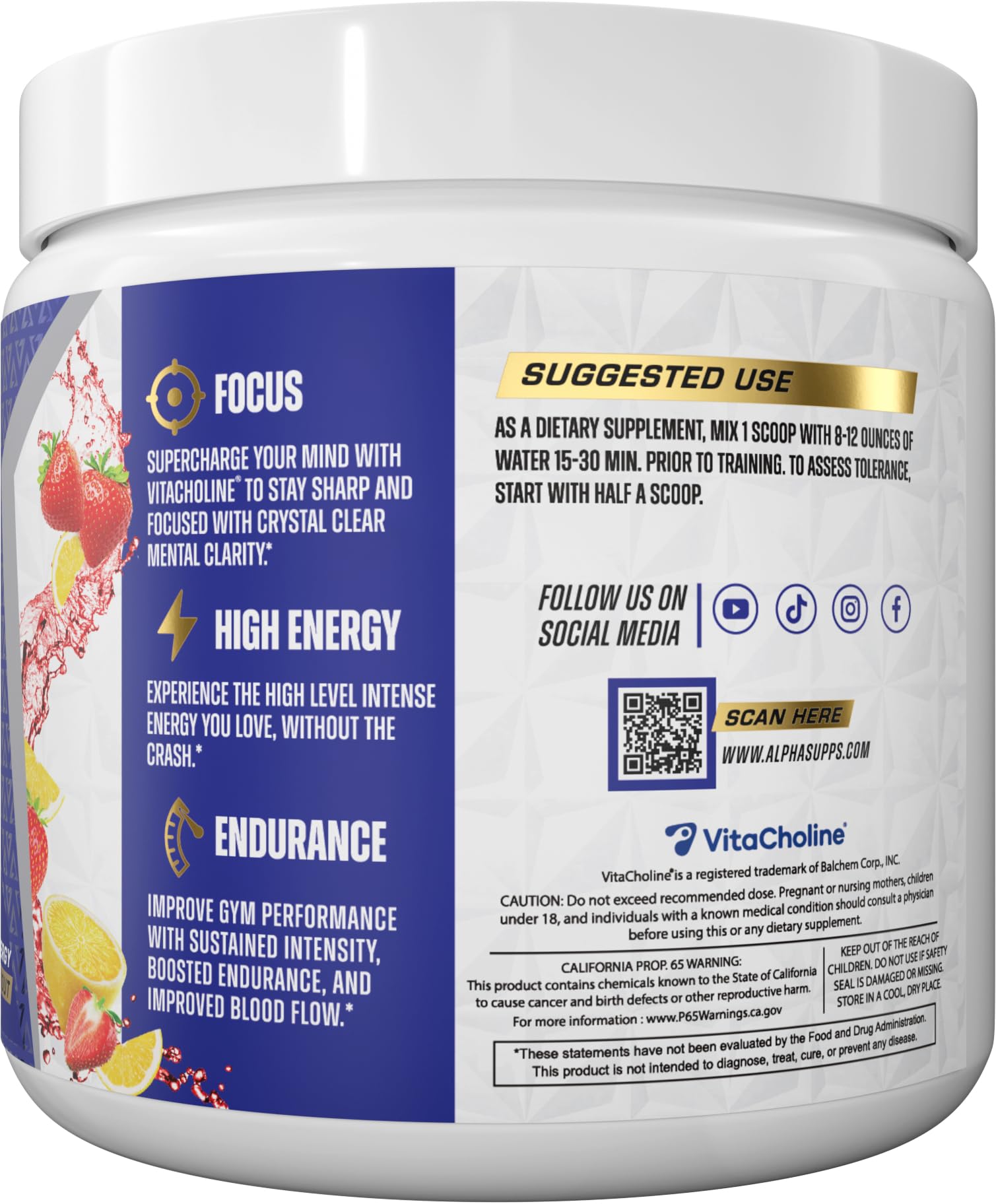 Alpha Supps Pre-Workout bottle label emphasizes high-quality ingredients for performance