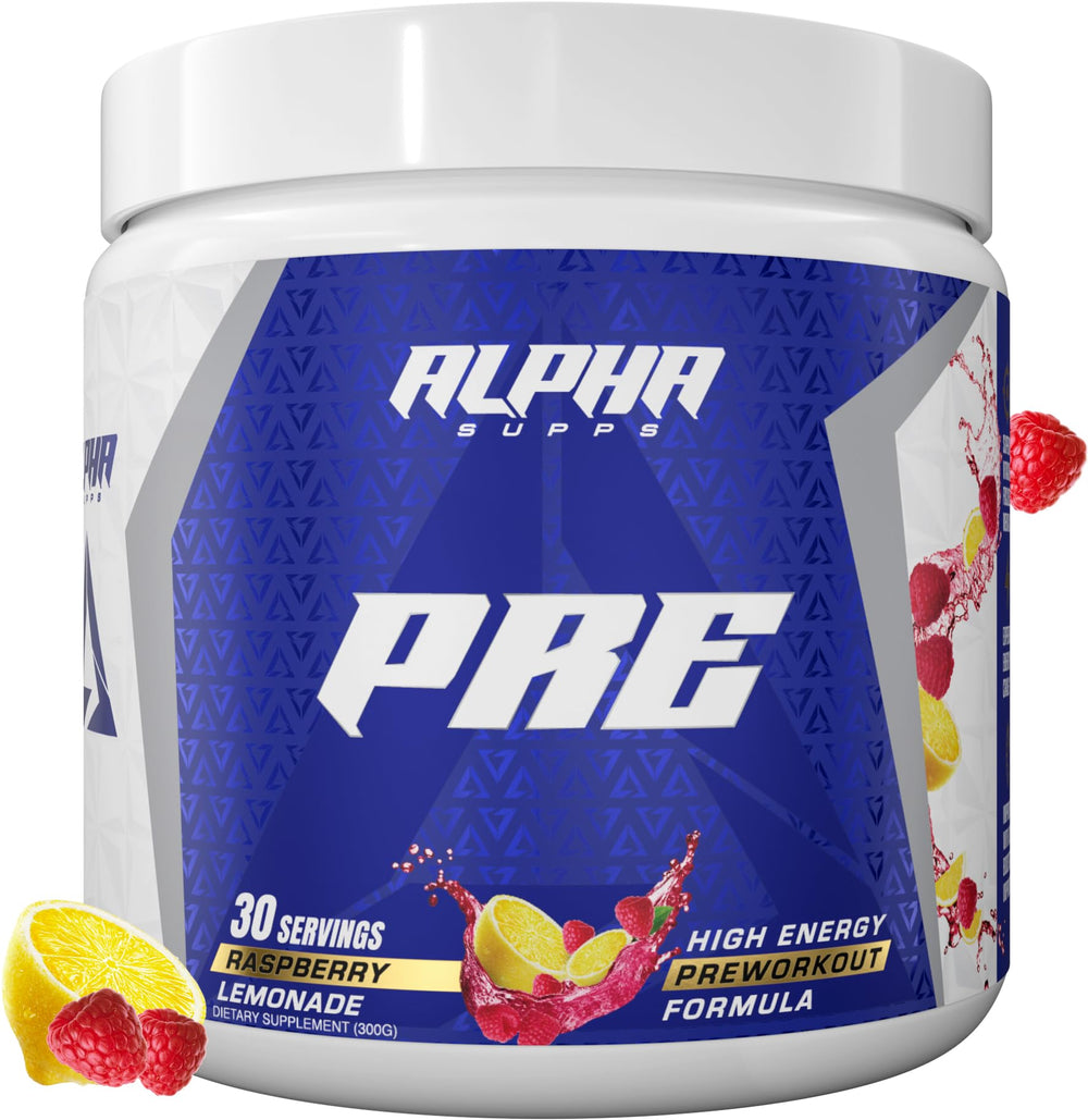 Alpha Supps Pre Workout Raspberry Lemonade bottle ready for gym sessions with energized focus.