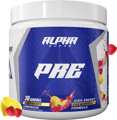Alpha Supps Pre Workout Raspberry Lemonade bottle ready for gym sessions with energized focus.