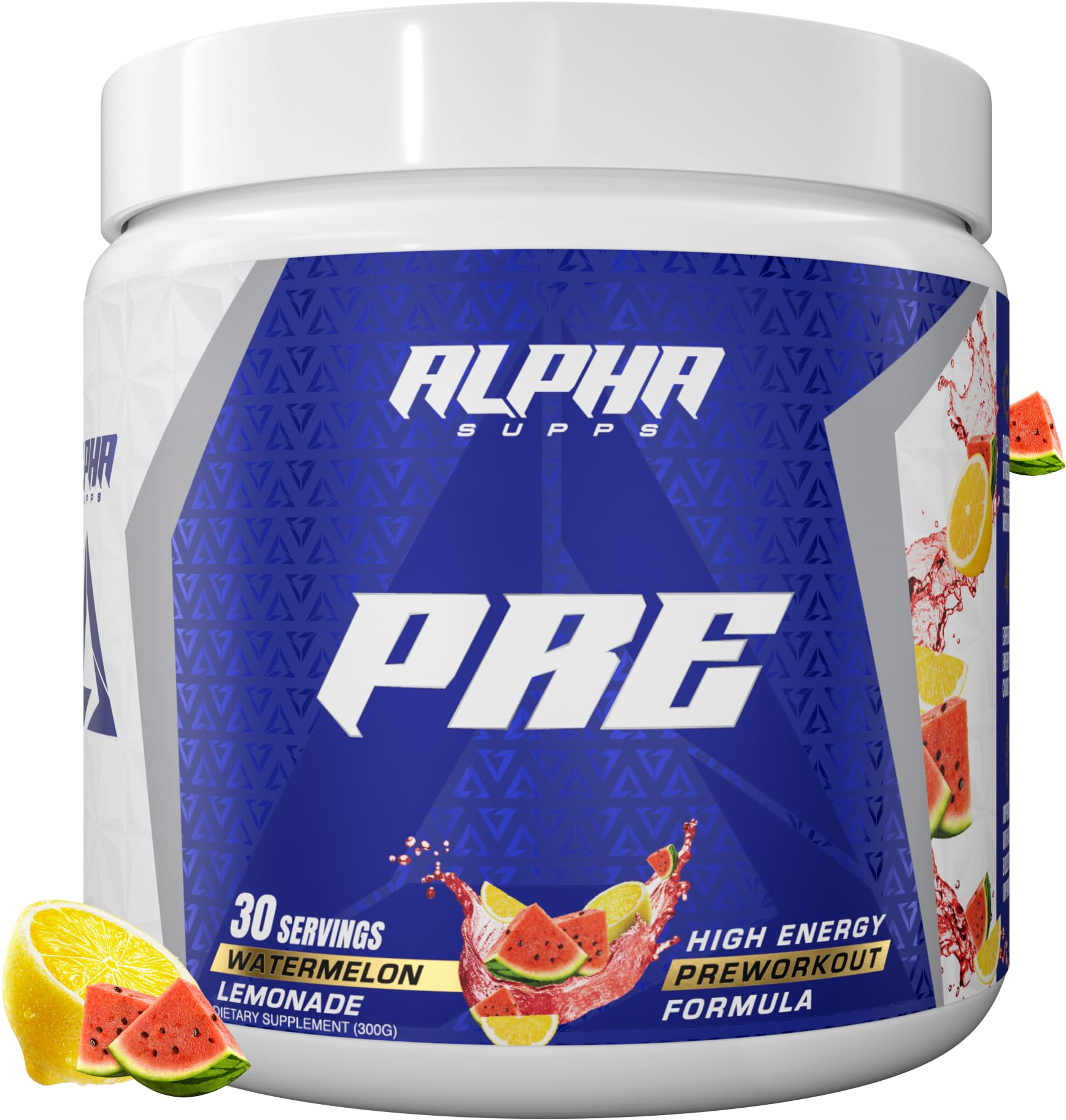 Alpha Supps preworkout Watermelon Lemonade tub shows refreshing flavor boosts training energy