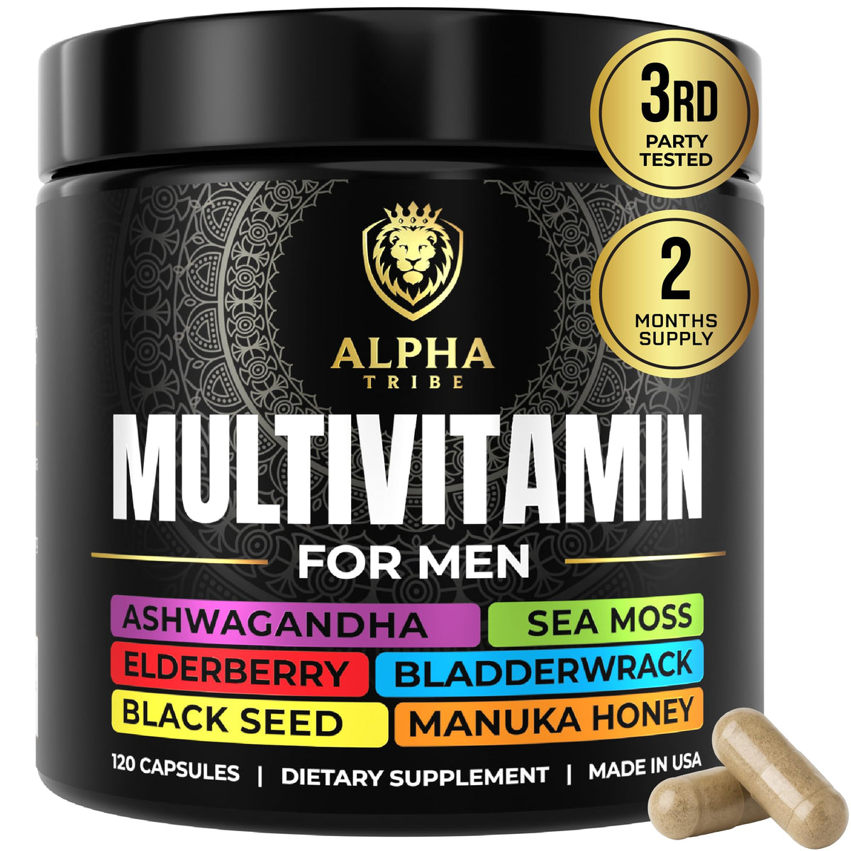 Bottle of Alpha Tribe Men's Multivitamin with sea moss and herbs