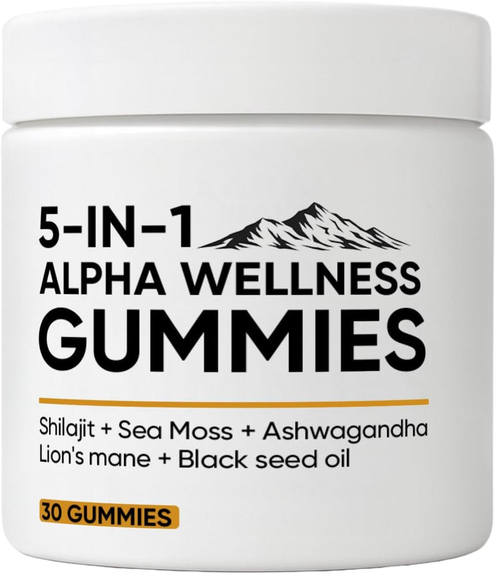 Bottle of 5 in 1 Alpha Wellness Gummies with label