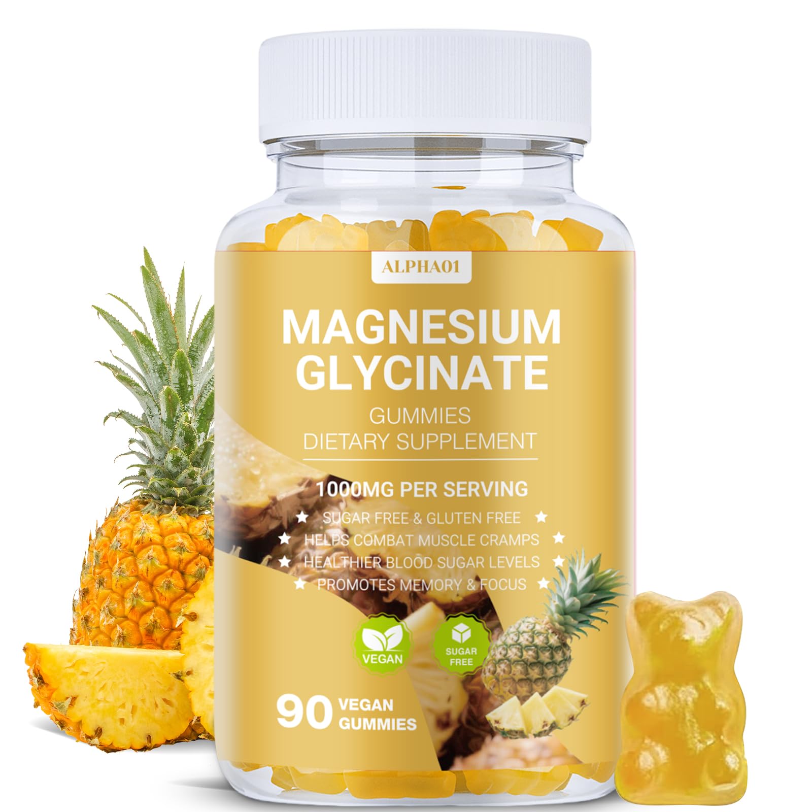 ALPHA01 Magnesium Glycinate Gummies bottle with pineapple flavor