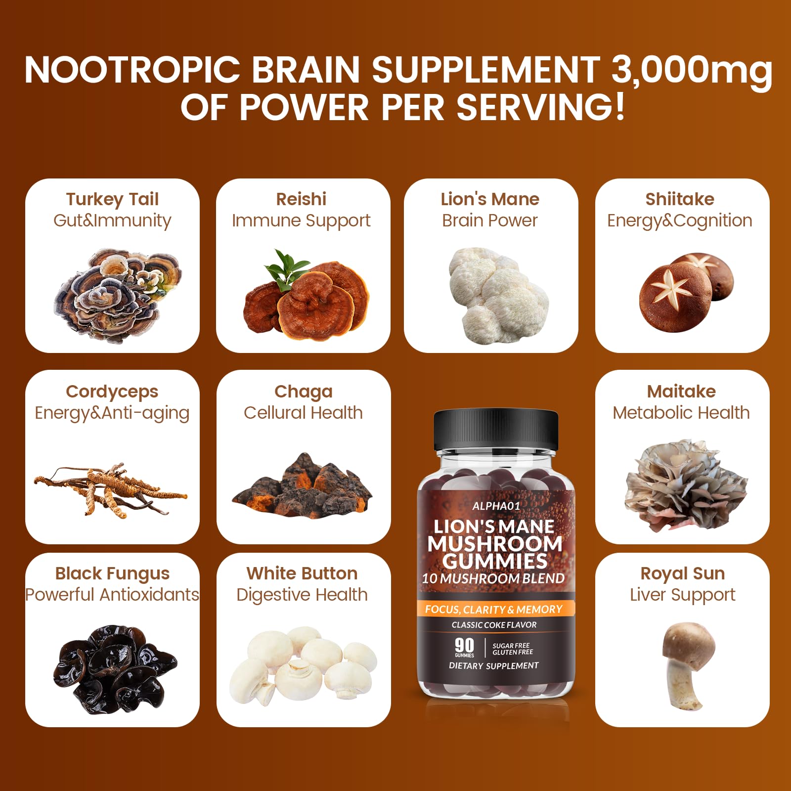 Bottle label indicating 3500mg per serving and 350mg per mushroom extract