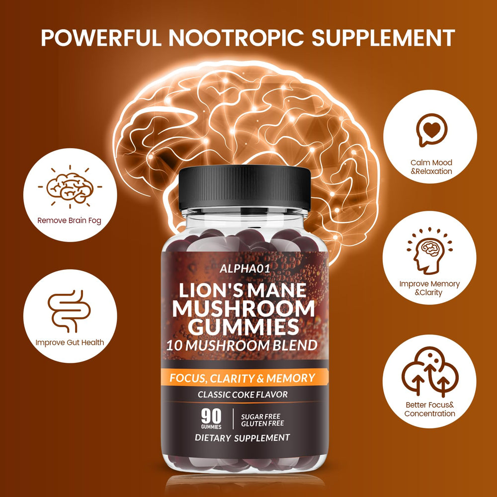 Ingredients list highlighting Maitake, Shiitake, Lions Mane, Reishi and more