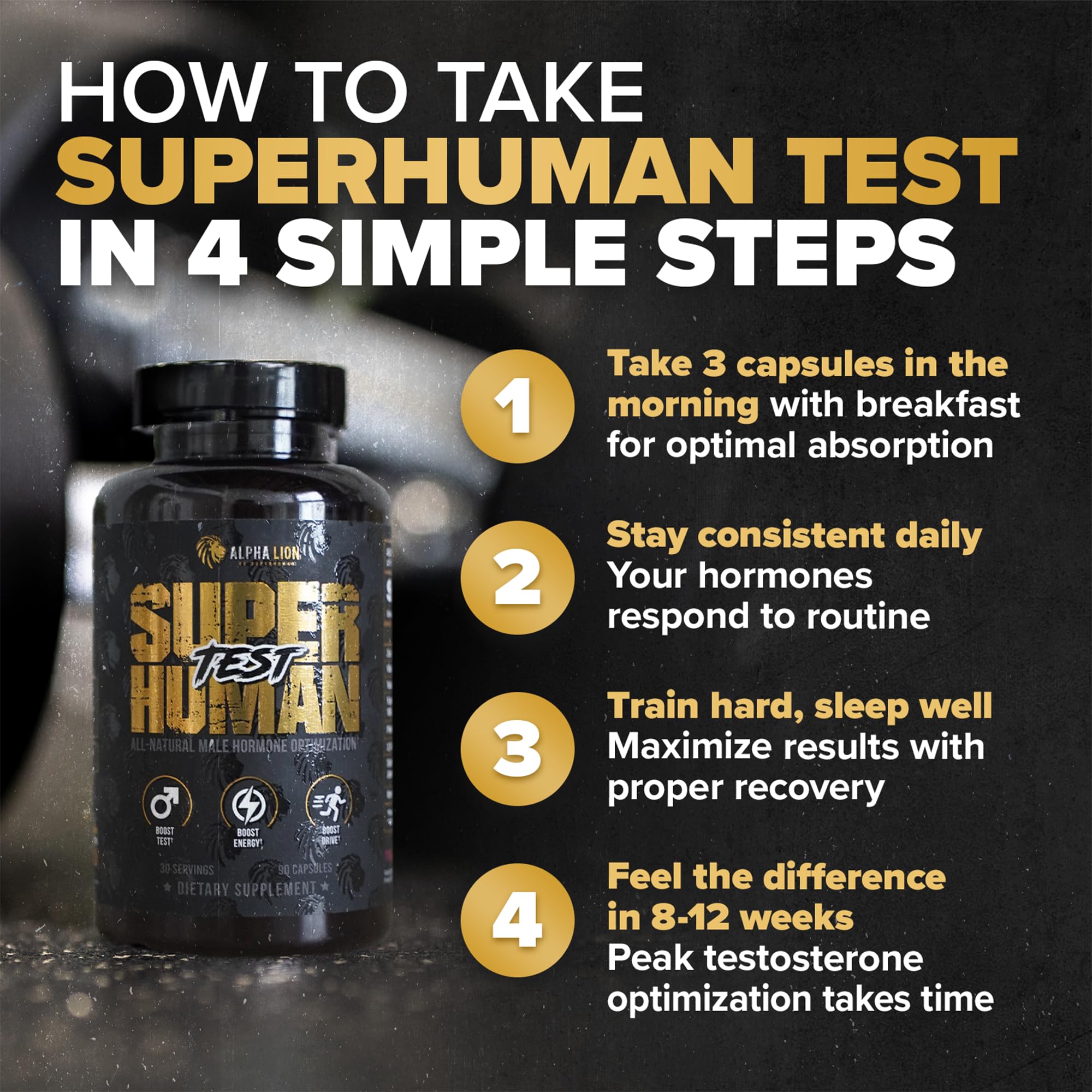 ALPHA LION Superhuman Test capsules close-up highlights convenient daily capsules for consistent intake.