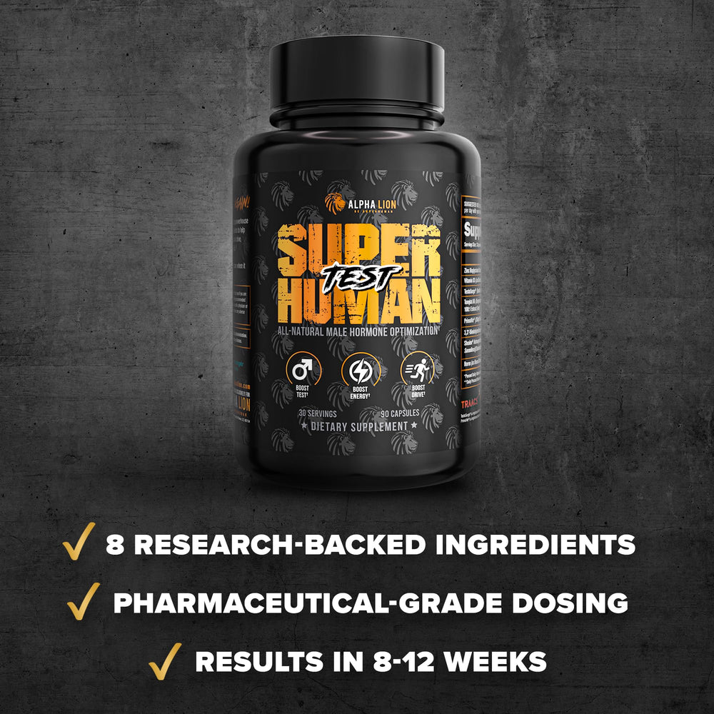 ALPHA LION Superhuman Test PrimaVie visual showcases patented Shilajit ingredient for potential energy support.
