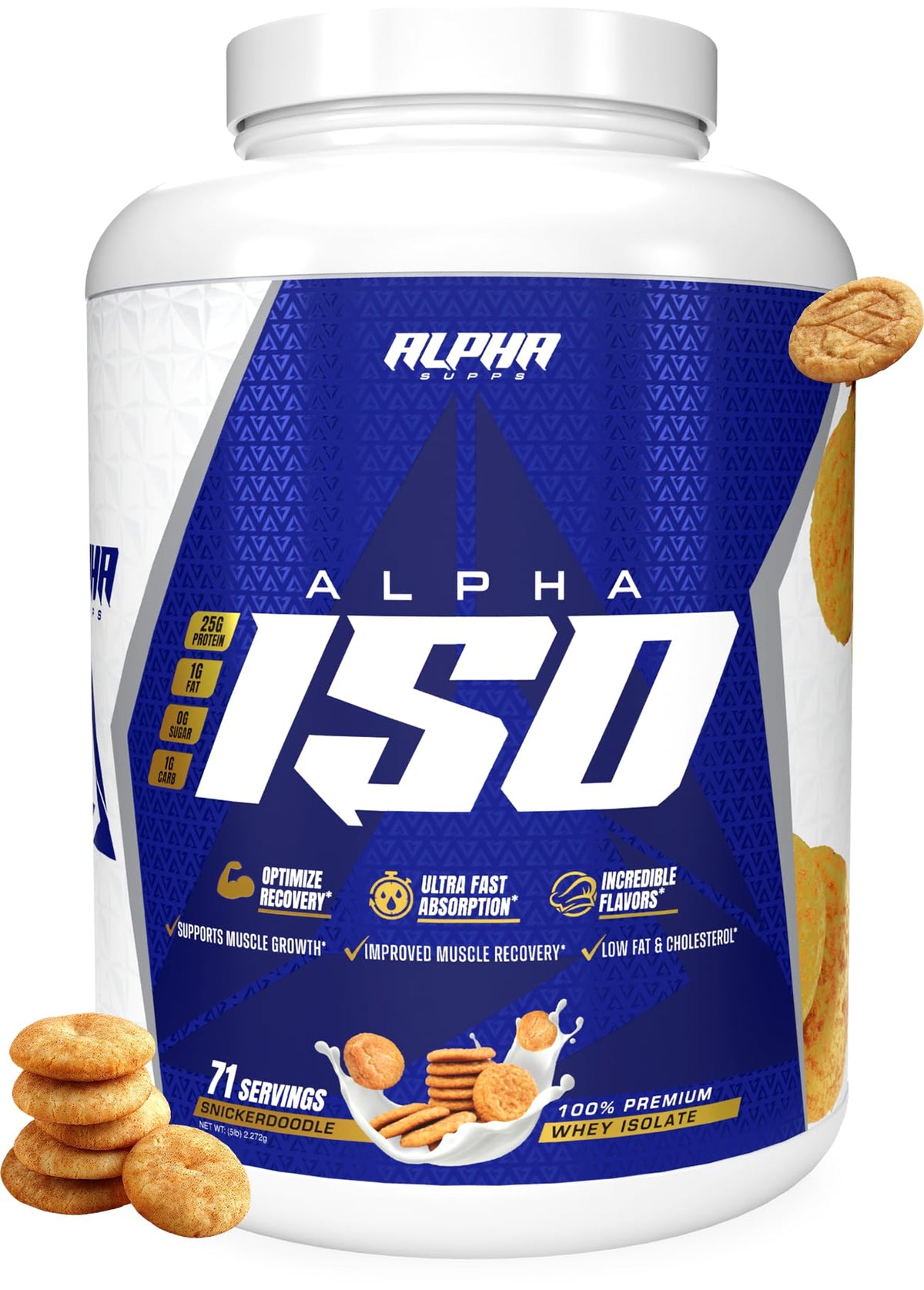 Alpha Supps ISO whey protein canister front view for post-workout protein boost