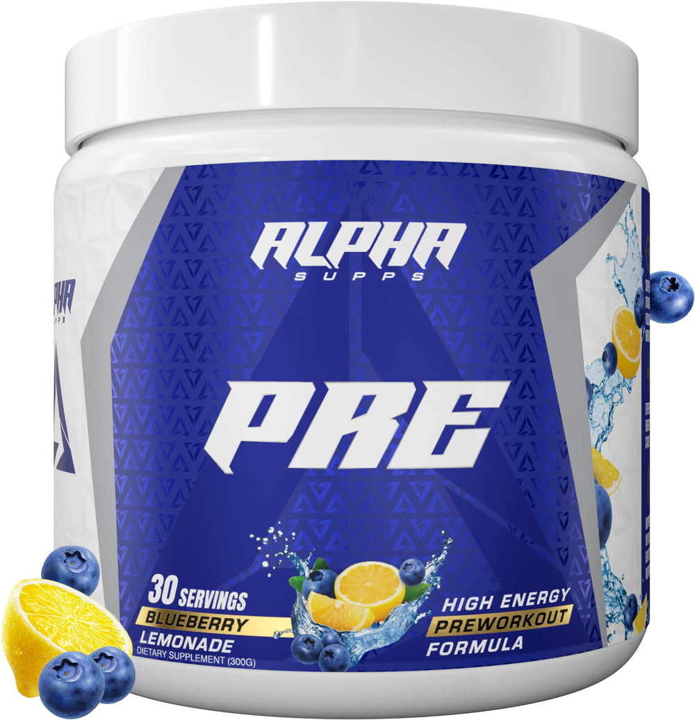 Alpha Supps Pre Workout tub blue lemonade close-up shows energizing formula for workouts