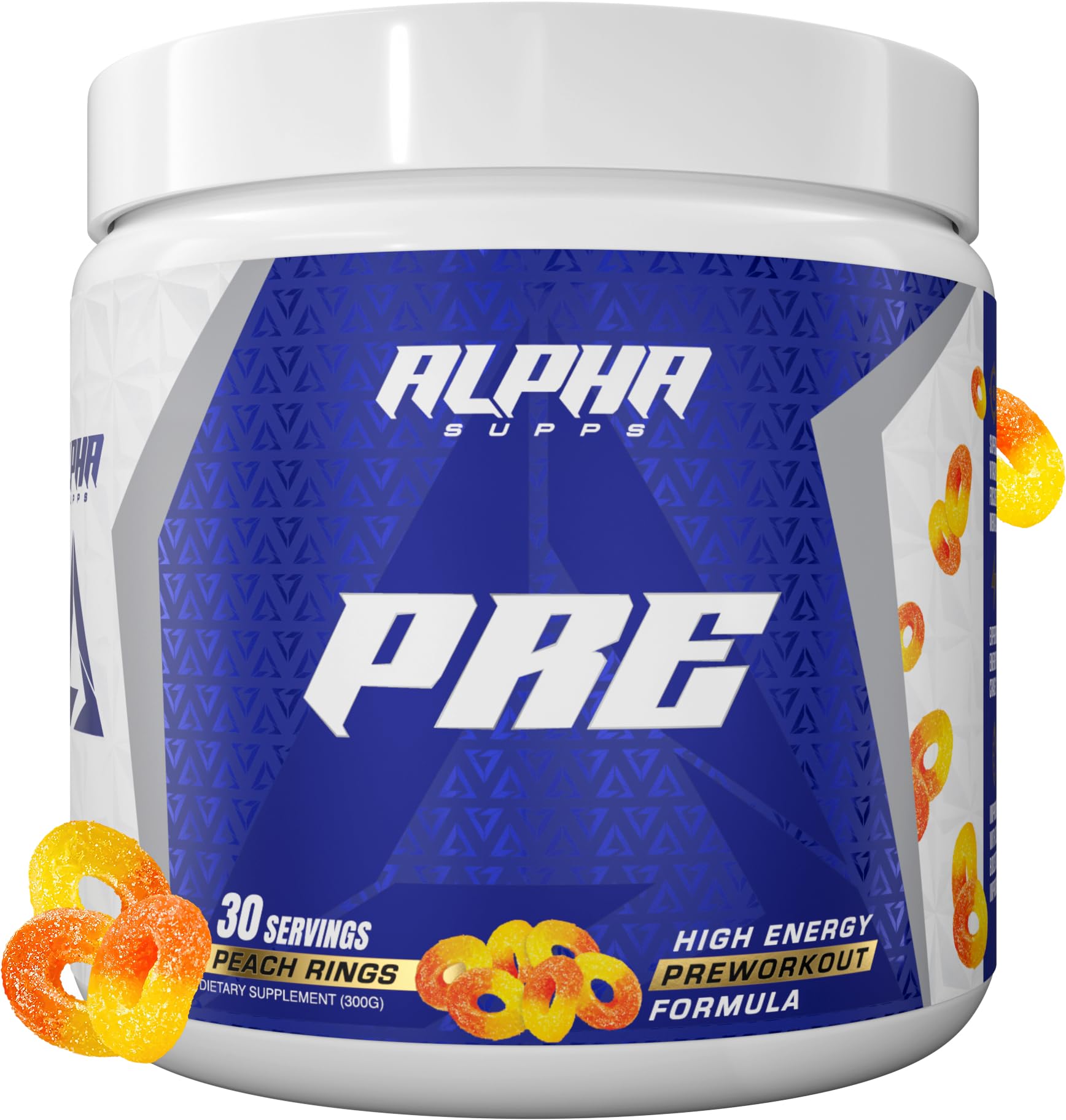 Alpha Supps preworkout peach rings bottle boosts energy and focus for gym sessions.
