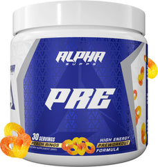 Alpha Supps preworkout peach rings bottle boosts energy and focus for gym sessions.