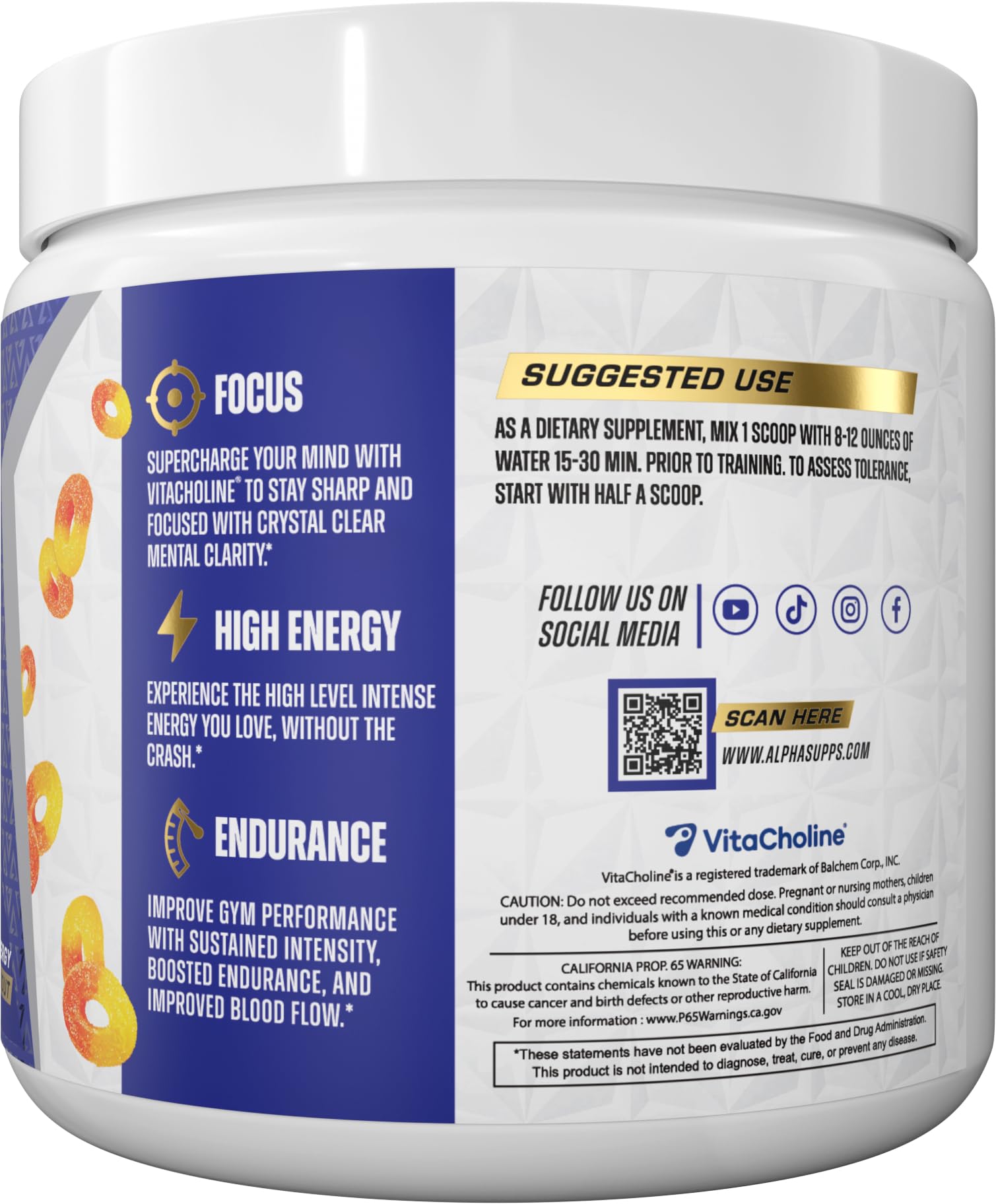 Alpha Supps preworkout peach rings scoop shows convenient serving for workouts.