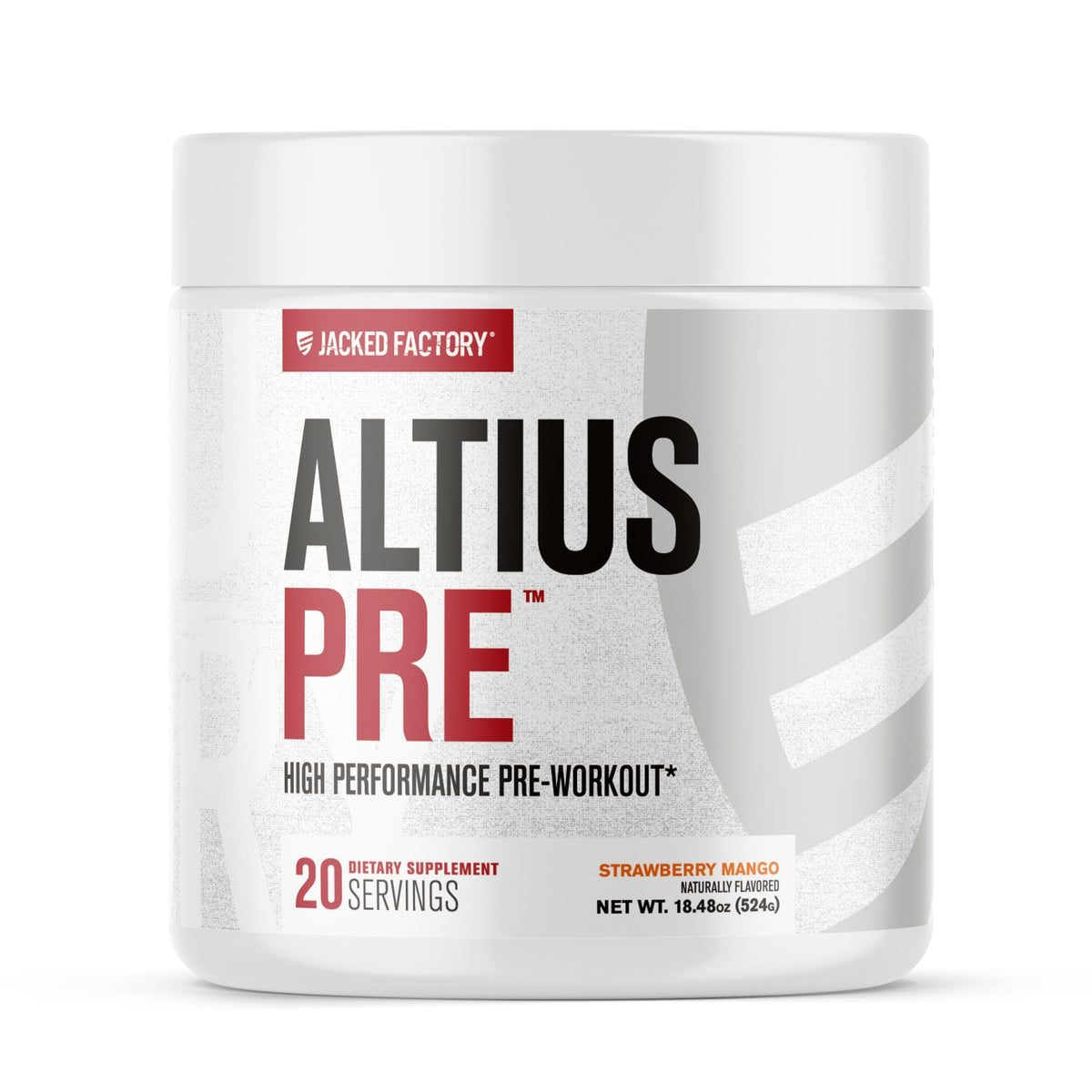 Jacked Factory Altius Pre Workout Powder canister in Strawberry Mango flavor