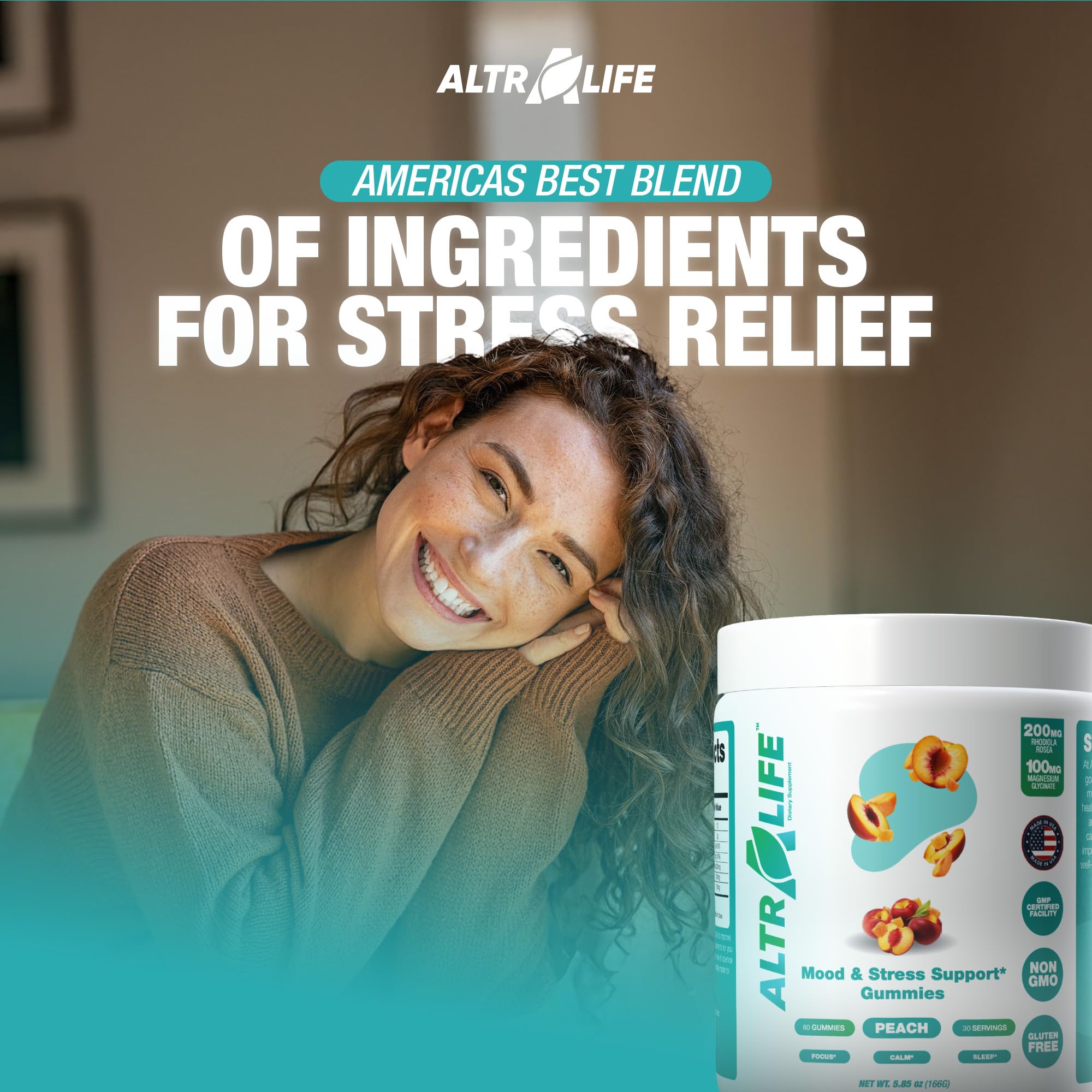 Ingredients panel showing Rhodiola Rosea, Holy Basil, and Magnesium Glycinate